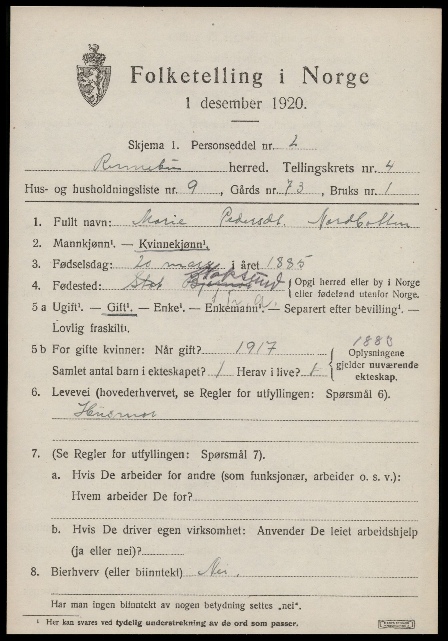 SAT, 1920 census for Rennebu, 1920, p. 2652