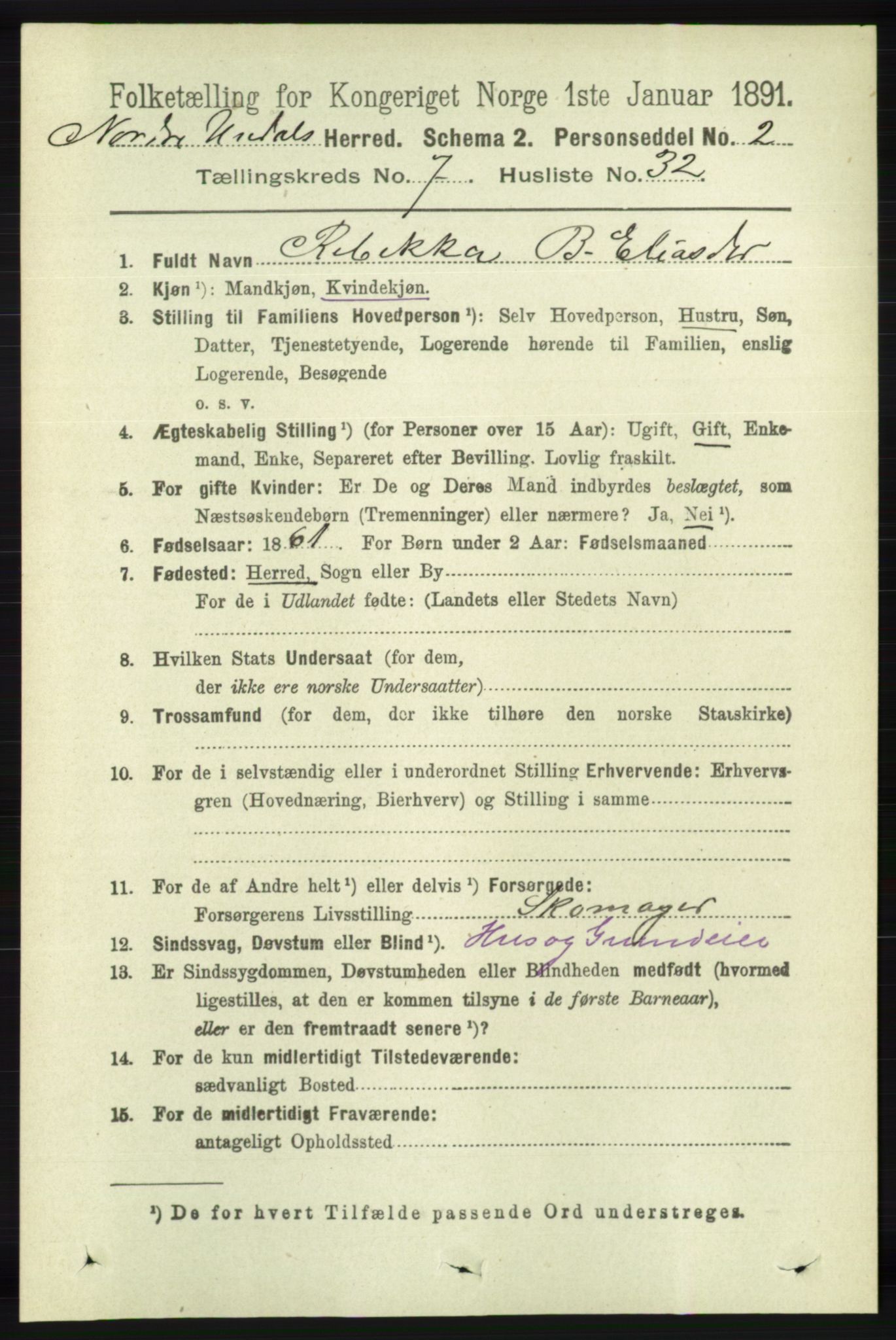 RA, 1891 census for 1028 Nord-Audnedal, 1891, p. 1980