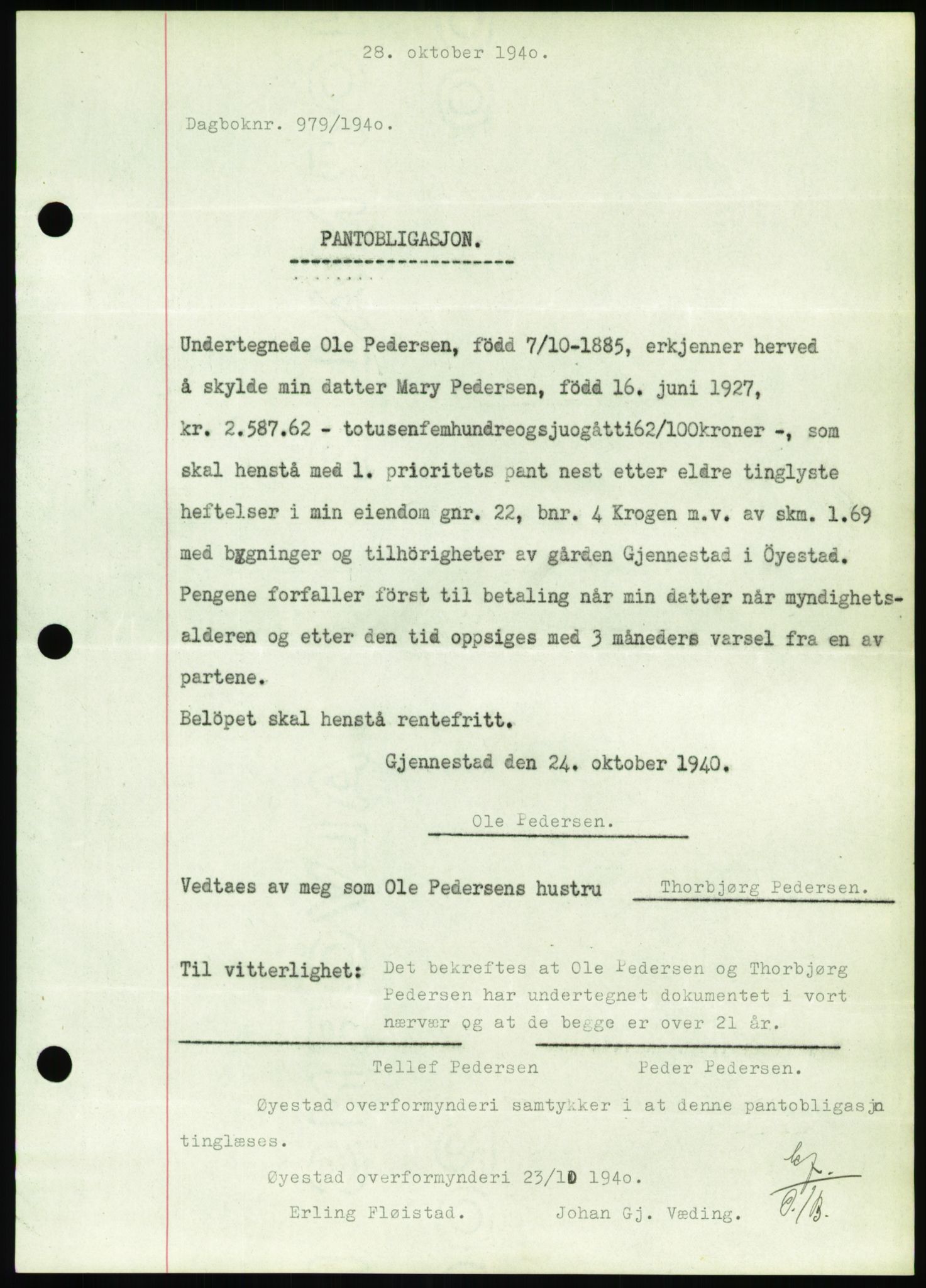 Nedenes sorenskriveri, SAK/1221-0006/G/Gb/Gbb/L0001: Mortgage book no. I, 1939-1942, Diary no: : 979/1940