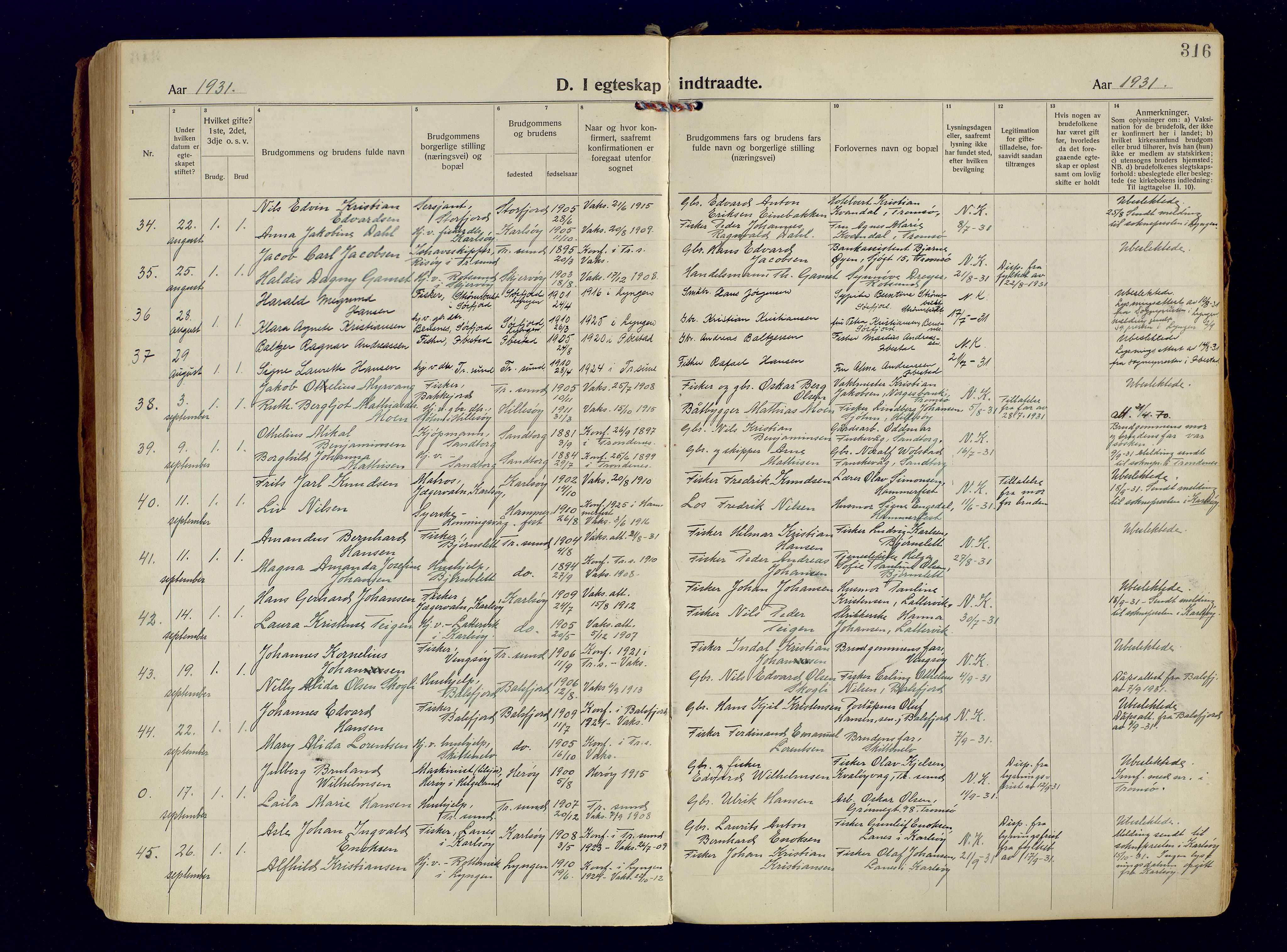 Tromsøysund sokneprestkontor, AV/SATØ-S-1304/G/Ga/L0009kirke: Parish register (official) no. 9, 1922-1934, p. 316