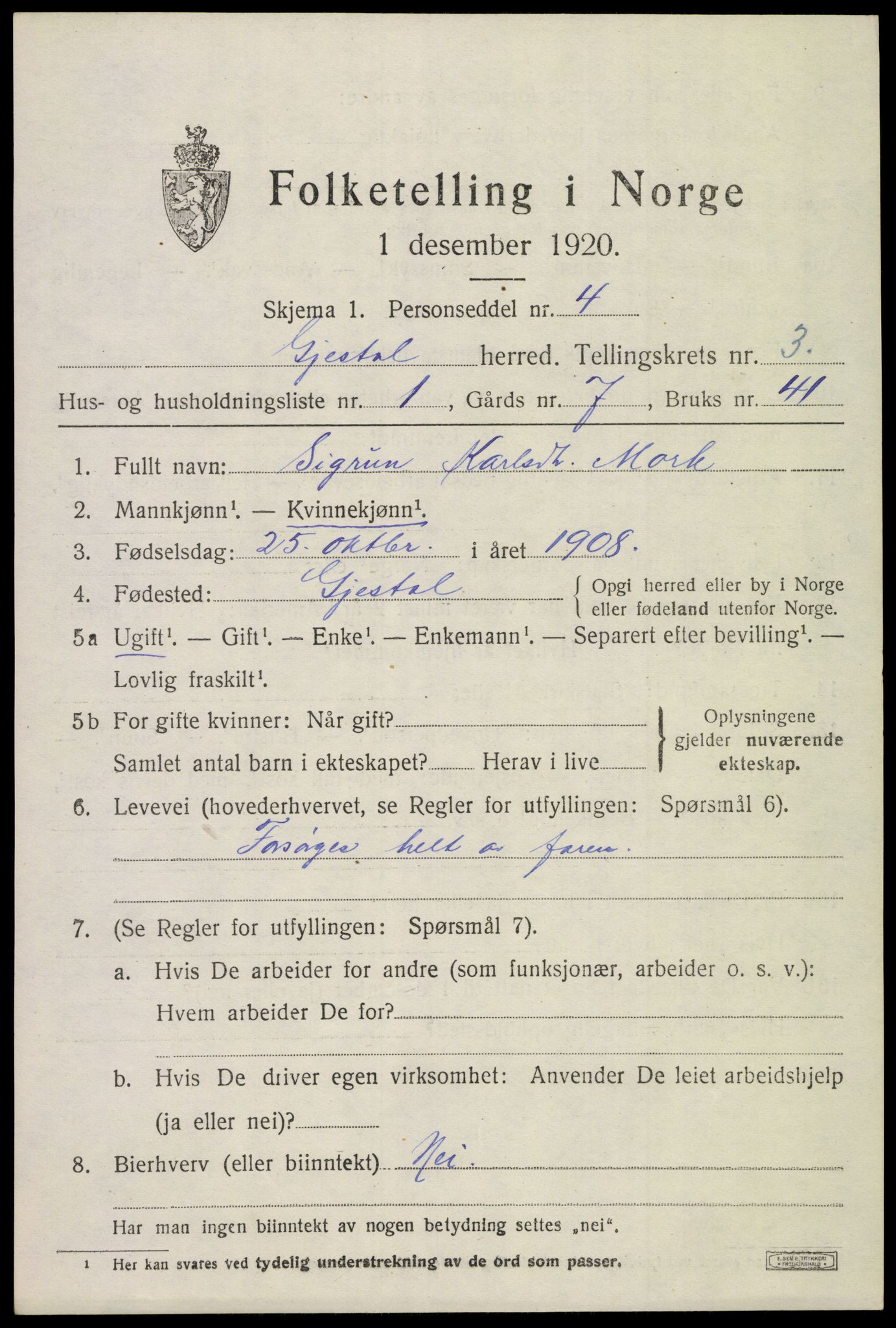 SAST, 1920 census for Gjesdal, 1920, p. 2132