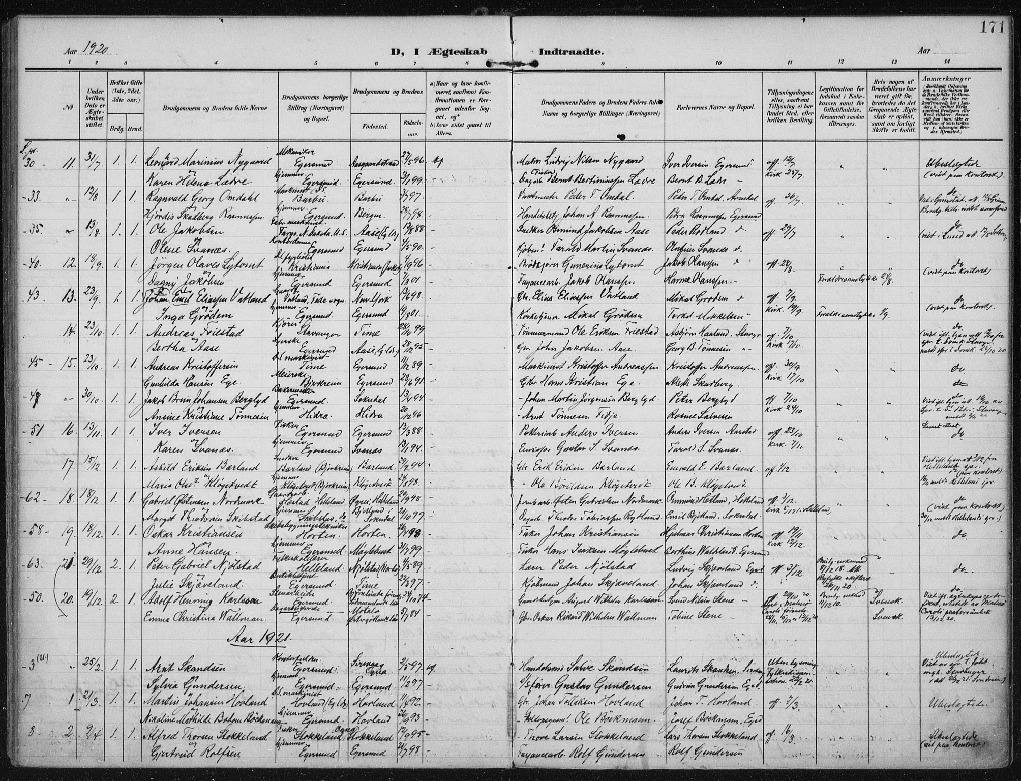 Eigersund sokneprestkontor, AV/SAST-A-101807/S08/L0022: Parish register (official) no. A 21, 1905-1928, p. 171