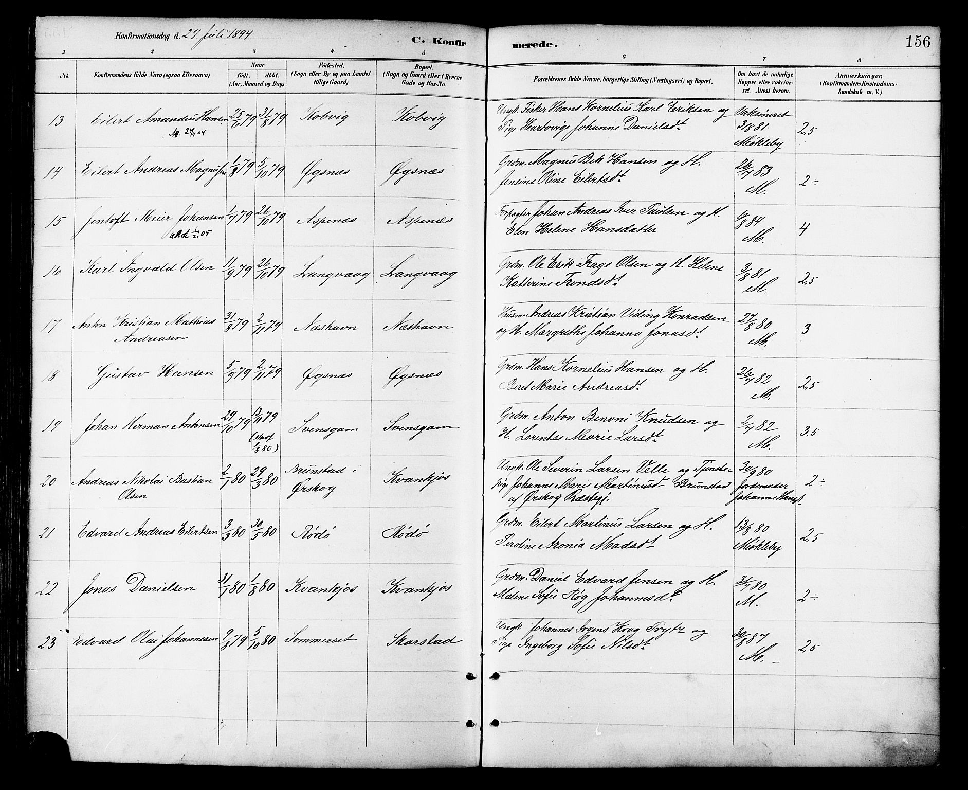 Ministerialprotokoller, klokkerbøker og fødselsregistre - Nordland, AV/SAT-A-1459/872/L1035: Parish register (official) no. 872A10, 1884-1896, p. 156