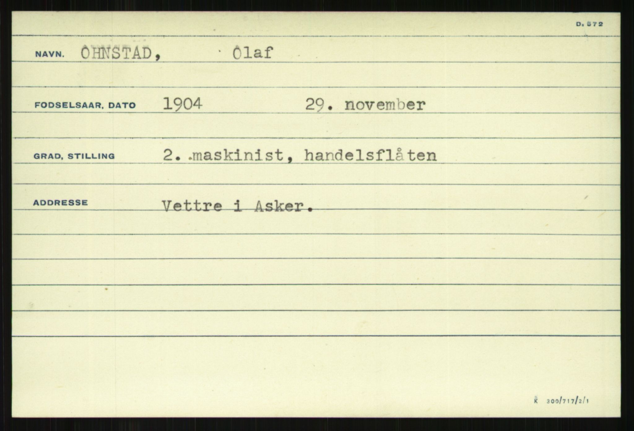 Direktoratet for sjømenn, AV/RA-S-3545/G/Gi/L0008: Alfabetisk ordnet kartotek over krigsdekorasjoner tildelt nordmenn under krigen, Odden - Staalstrøm, 1940-1945, p. 21