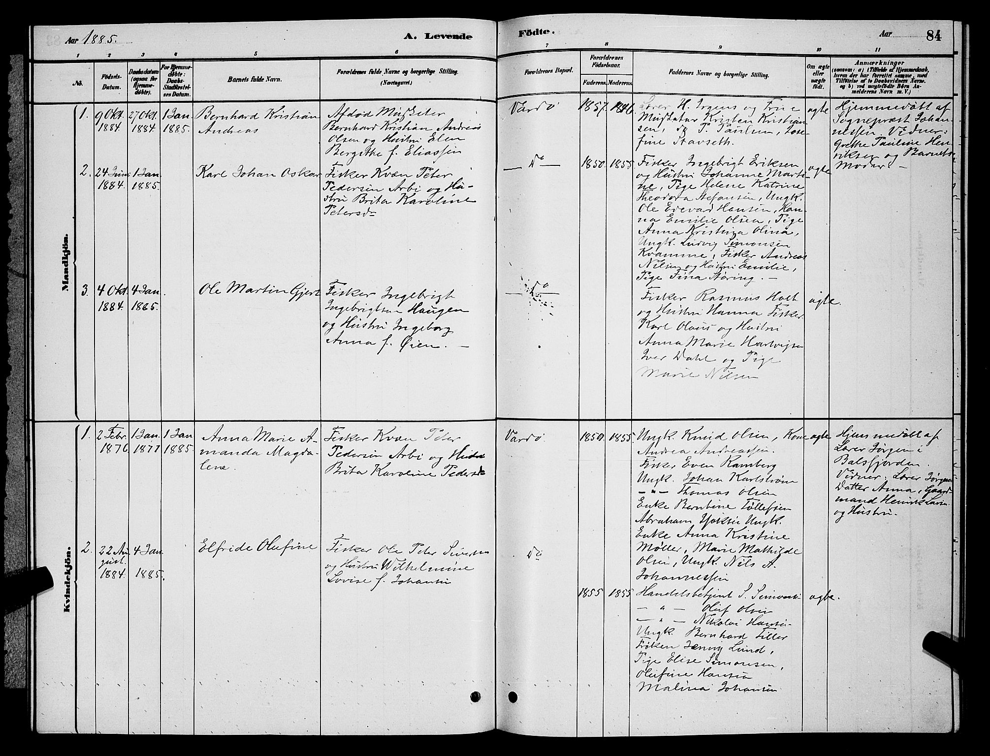 Vardø sokneprestkontor, SATØ/S-1332/H/Hb/L0004klokker: Parish register (copy) no. 4, 1879-1887, p. 84