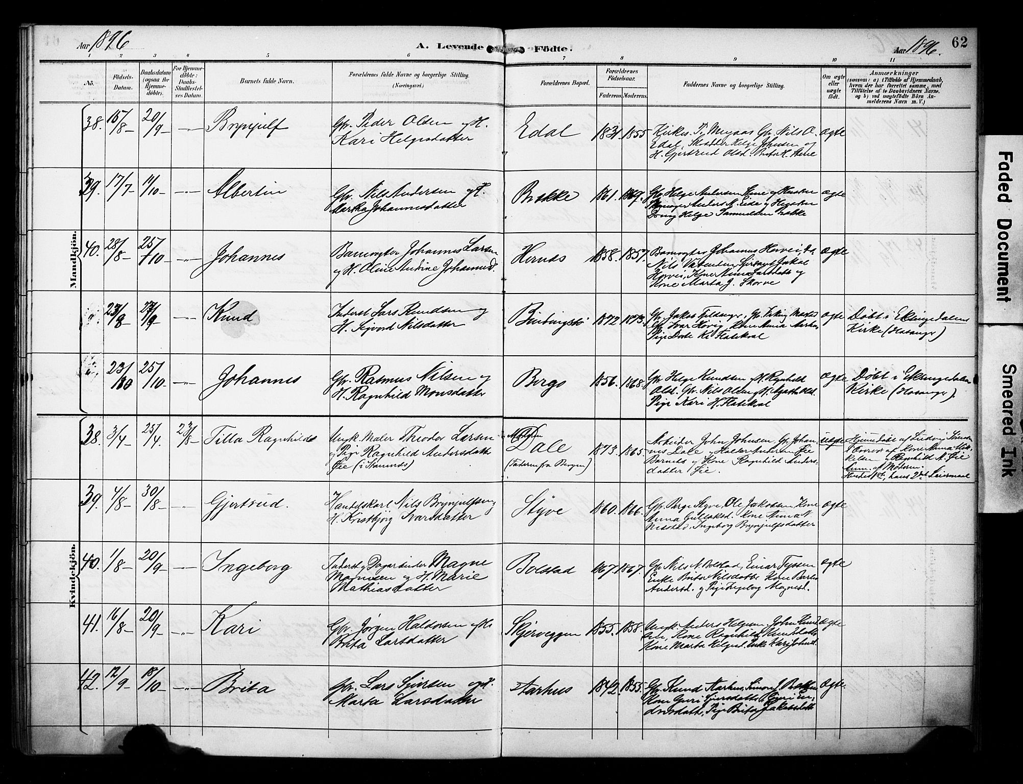 Evanger sokneprestembete, AV/SAB-A-99924: Parish register (official) no. A 2, 1892-1899, p. 62