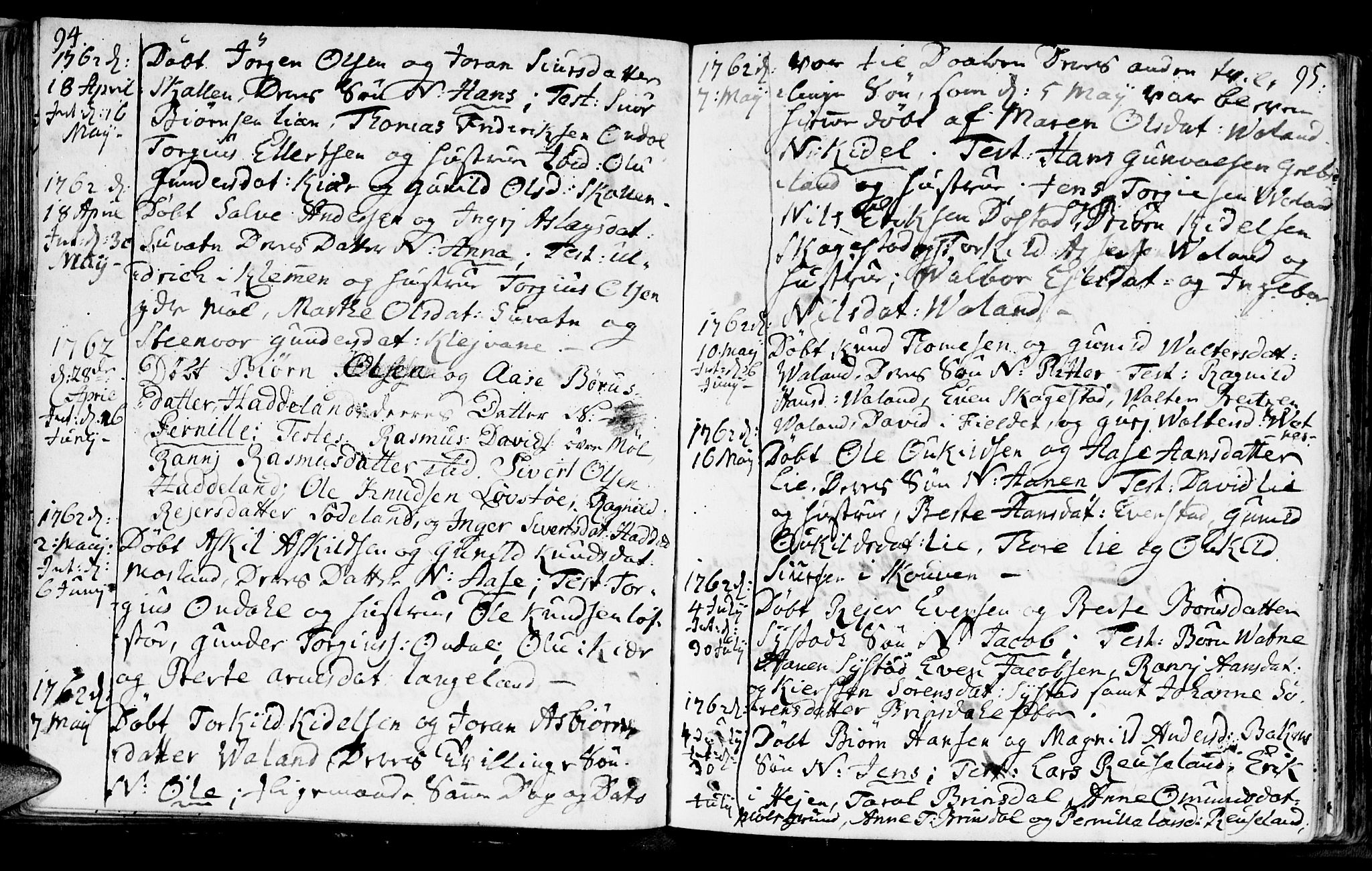 Holum sokneprestkontor, SAK/1111-0022/F/Fa/Faa/L0002: Parish register (official) no. A 2, 1756-1780, p. 94-95