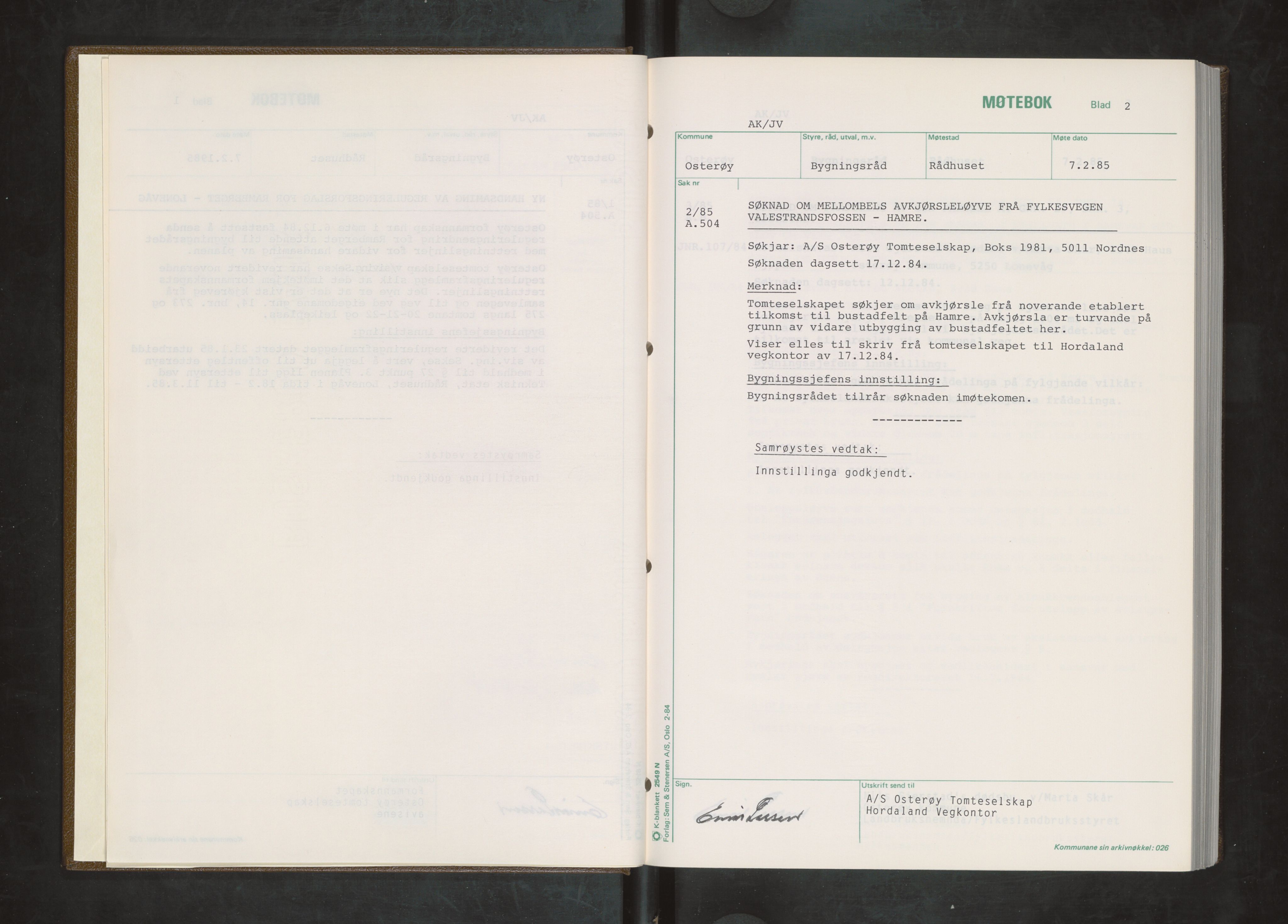 Osterøy kommune. Bygningsrådet, IKAH/1253b-511/A/Aa/L0018: Møtebok Osterøy bygningsråd, 1985