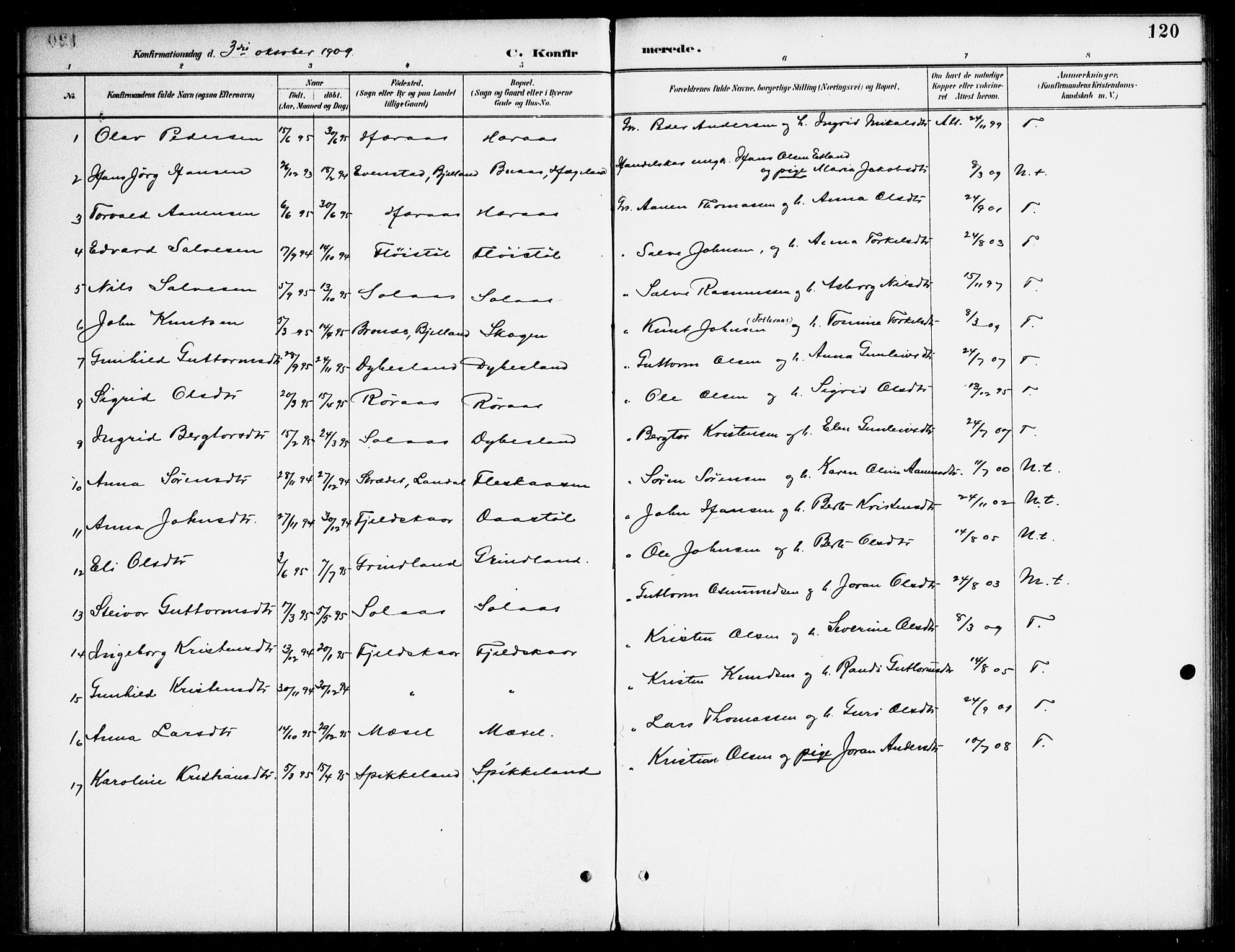 Bjelland sokneprestkontor, AV/SAK-1111-0005/F/Fa/Fab/L0004: Parish register (official) no. A 4, 1887-1920, p. 120