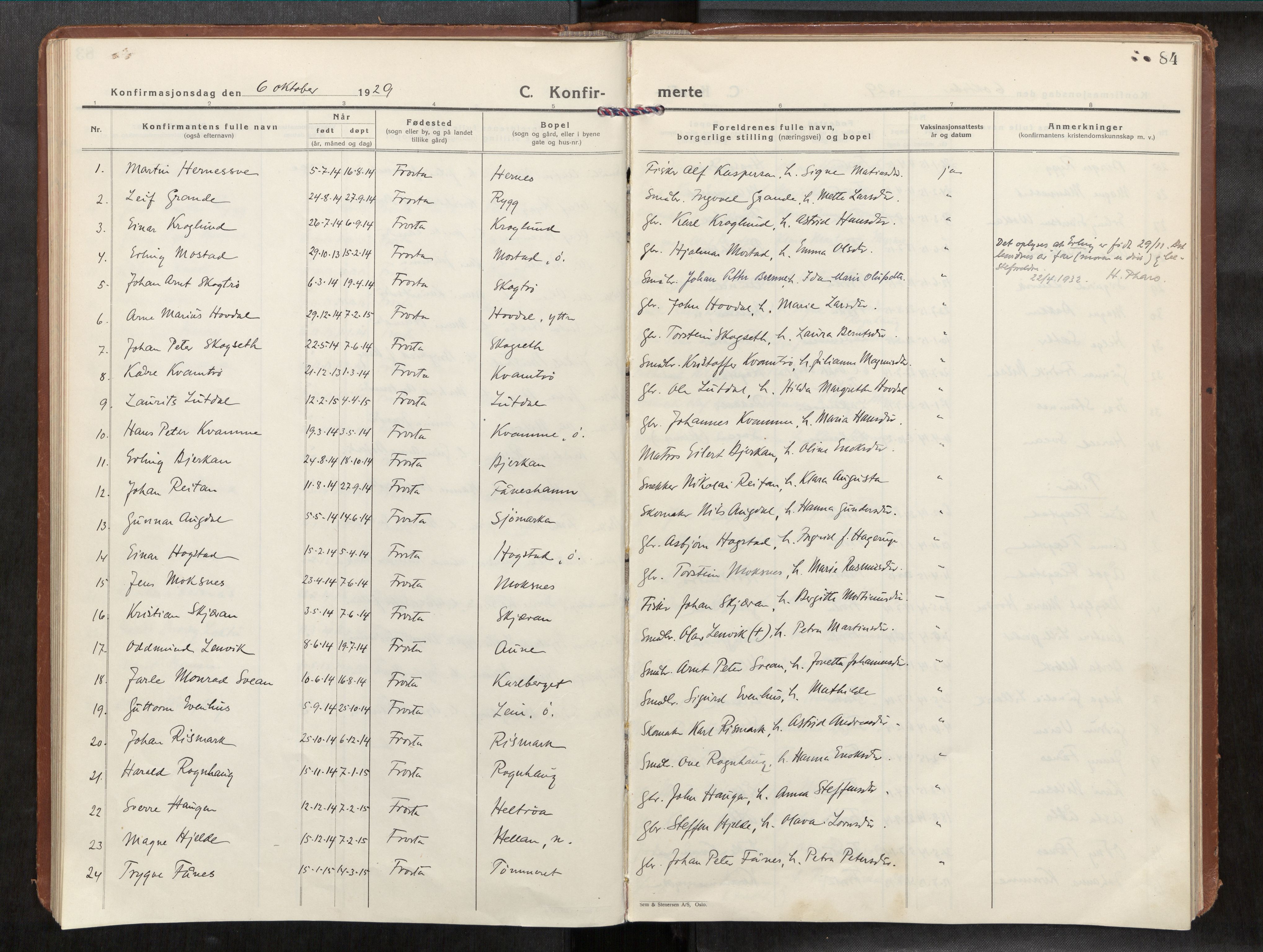 Frosta sokneprestkontor, AV/SAT-A-4380/2/H/Haa/L0001: Parish register (official) no. 1, 1926-1934, p. 84
