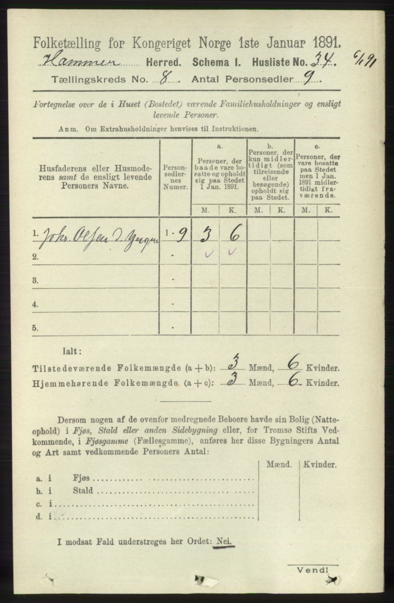 RA, 1891 census for 1254 Hamre, 1891, p. 1997