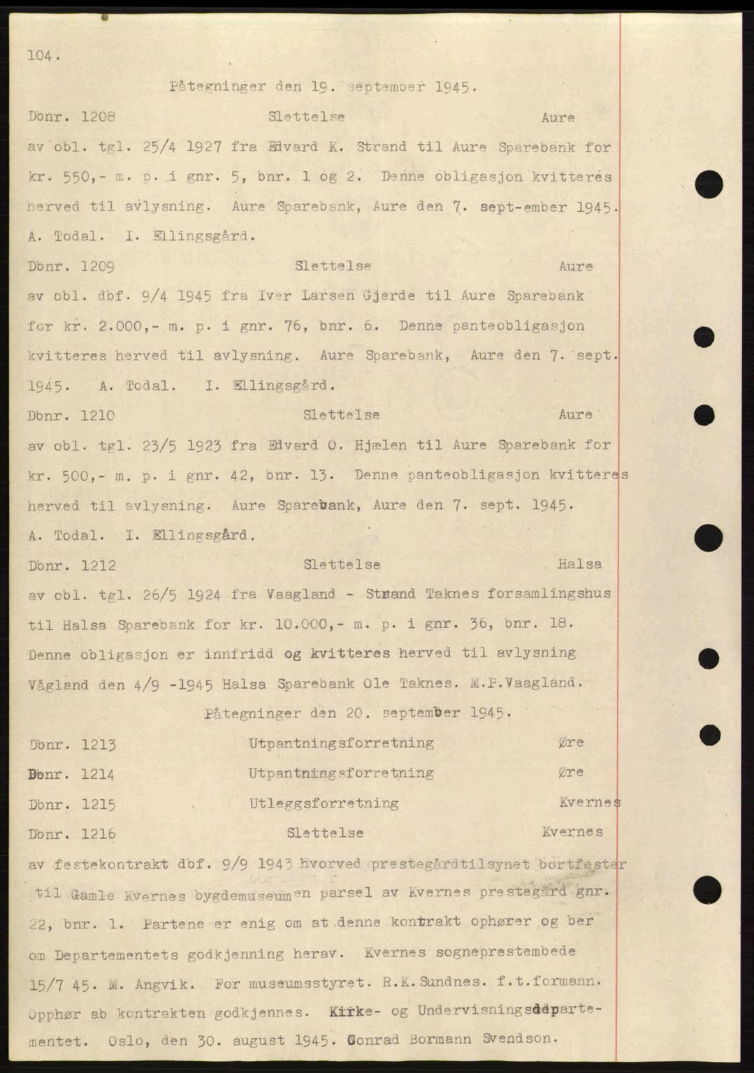 Nordmøre sorenskriveri, AV/SAT-A-4132/1/2/2Ca: Mortgage book no. C82a, 1945-1946, Diary no: : 1208/1945