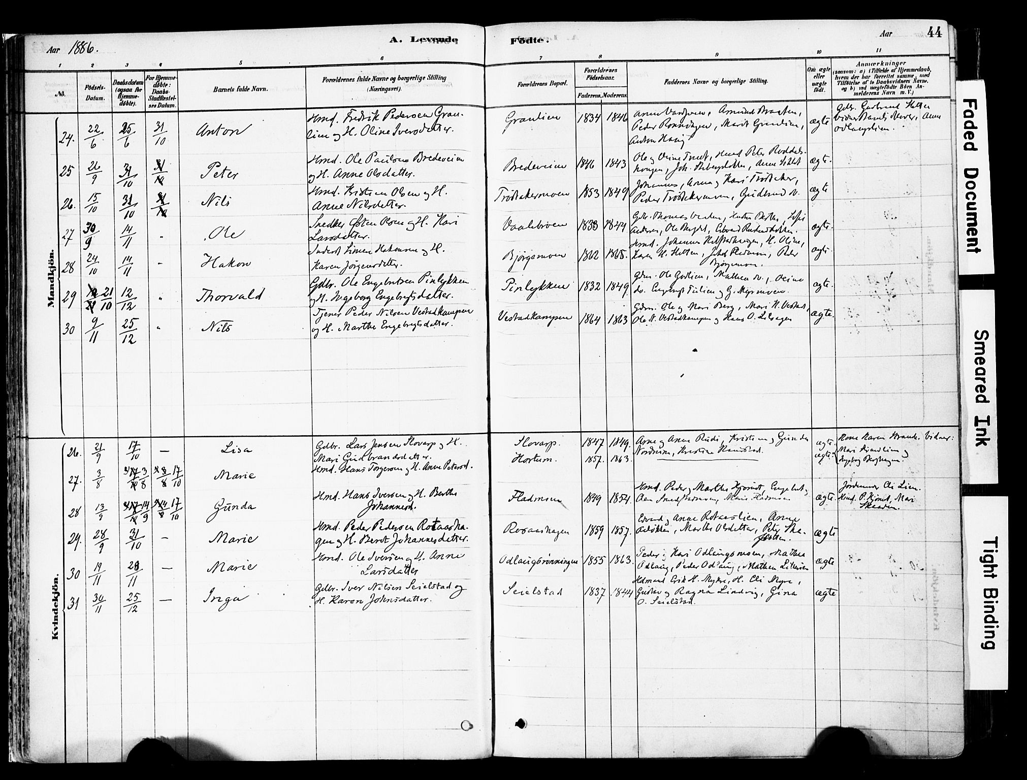 Ringebu prestekontor, AV/SAH-PREST-082/H/Ha/Haa/L0008: Parish register (official) no. 8, 1878-1898, p. 44