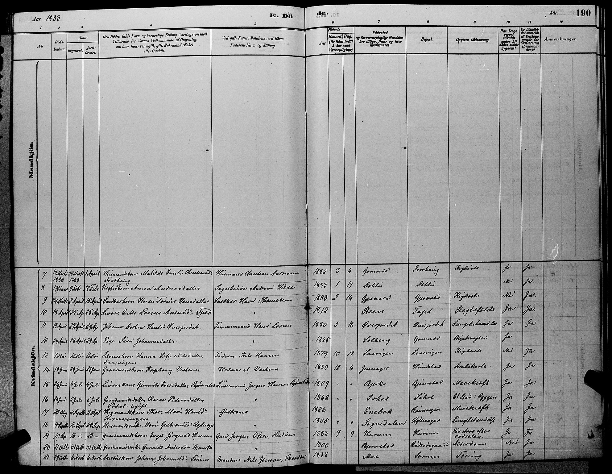 Hole kirkebøker, SAKO/A-228/G/Ga/L0003: Parish register (copy) no. I 3, 1879-1904, p. 190