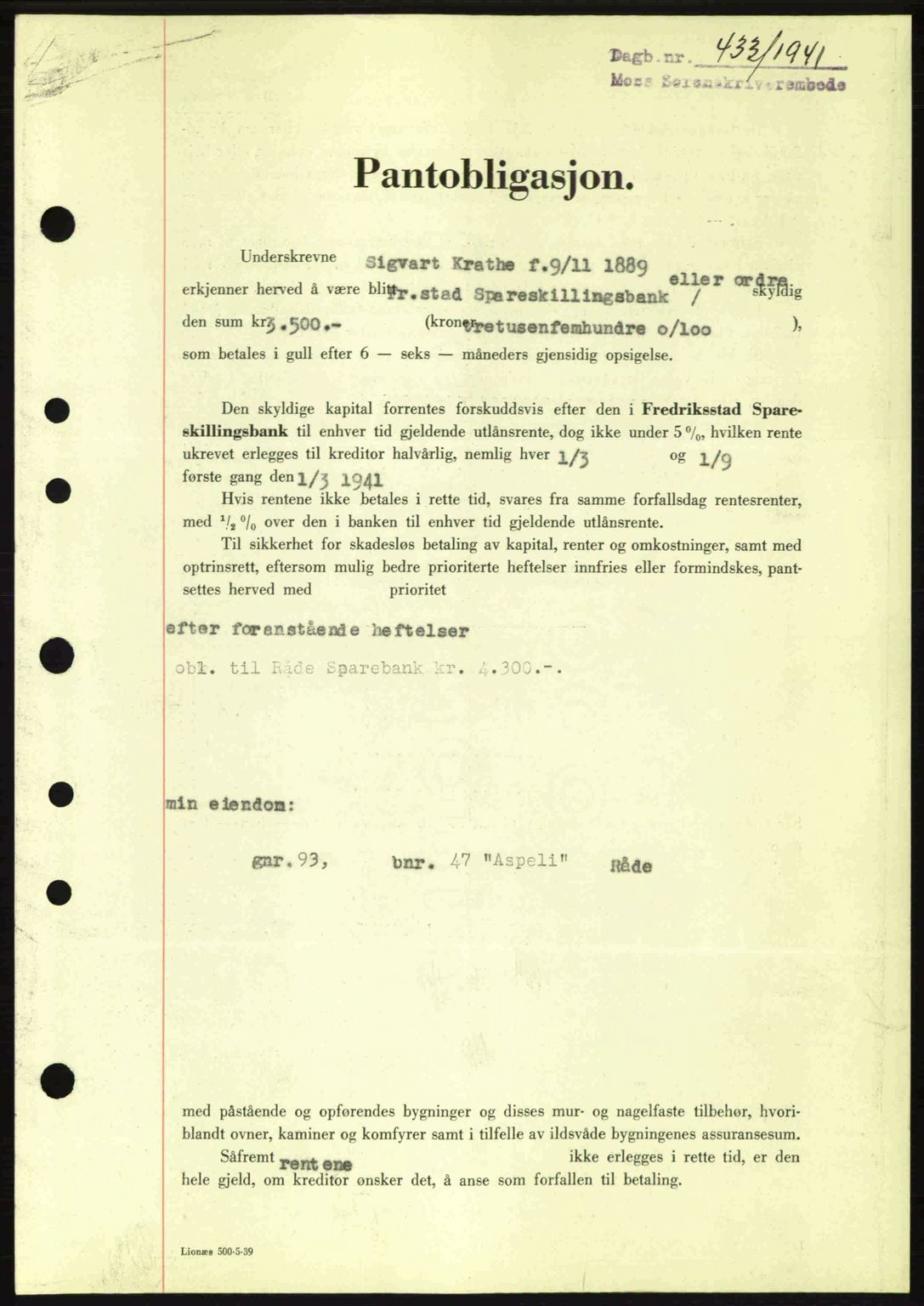 Moss sorenskriveri, SAO/A-10168: Mortgage book no. B10, 1940-1941, Diary no: : 433/1941