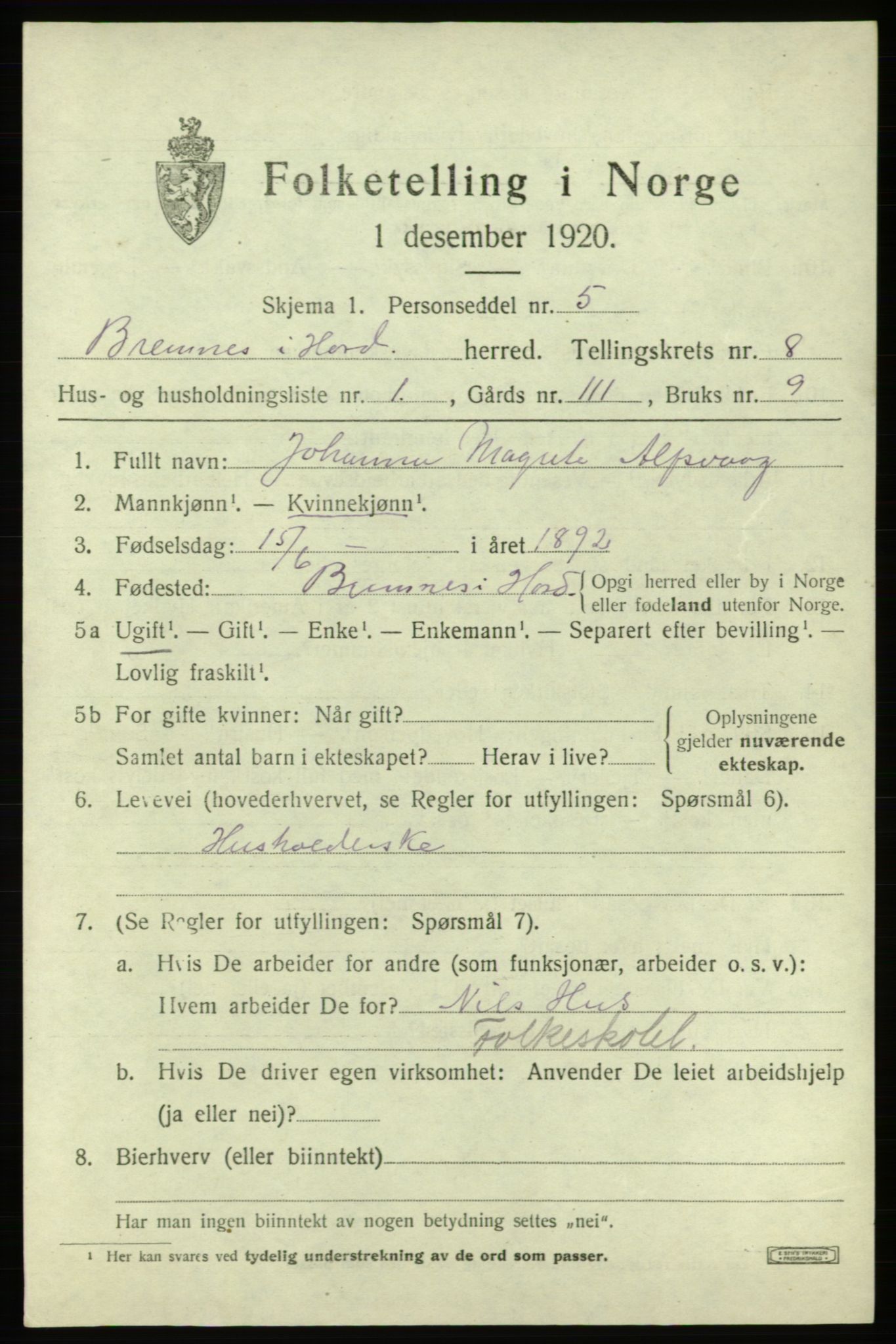 SAB, 1920 census for Bremnes, 1920, p. 5072