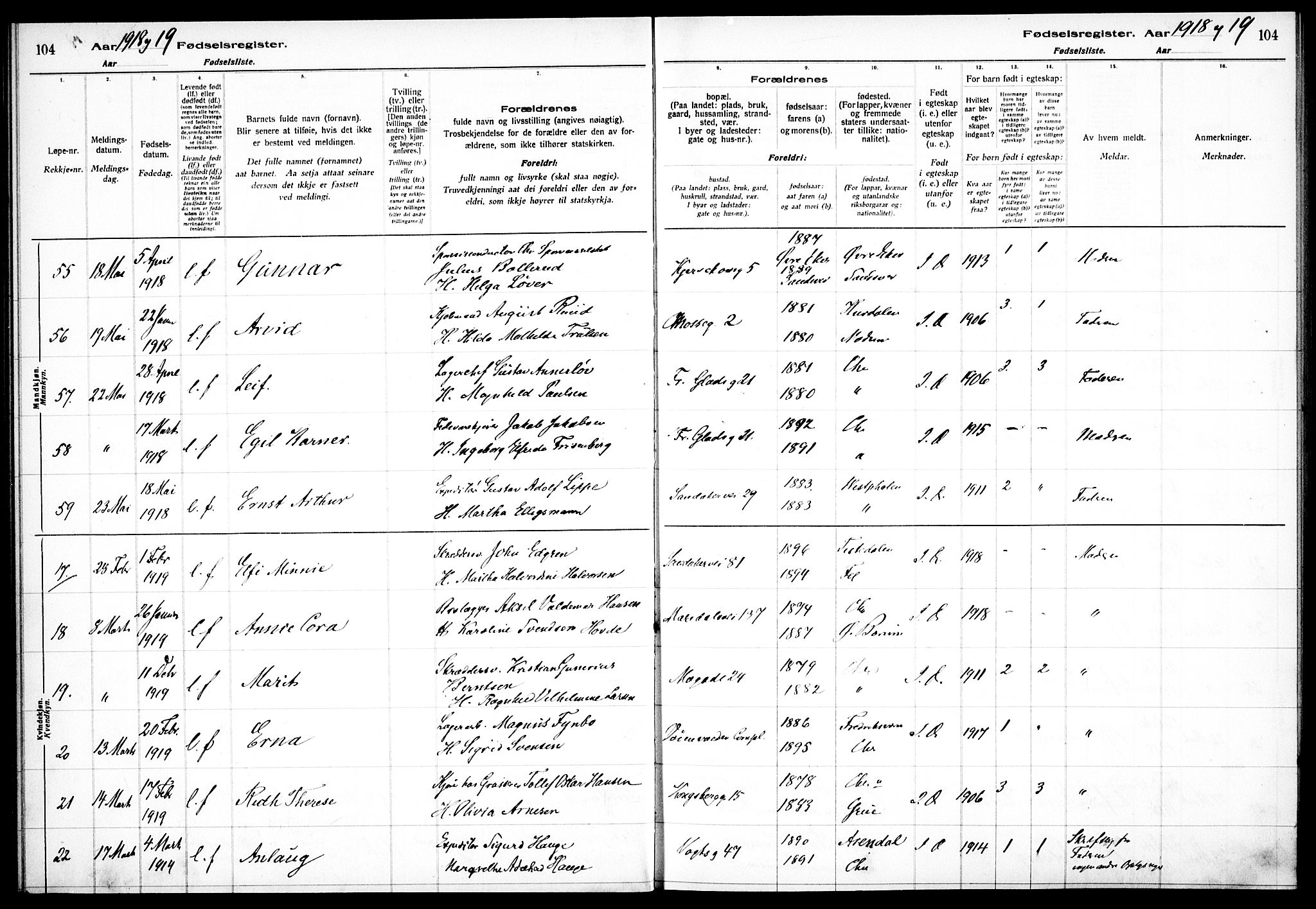 Sagene prestekontor Kirkebøker, AV/SAO-A-10796/J/L0001: Birth register no. 1, 1916-1920, p. 104