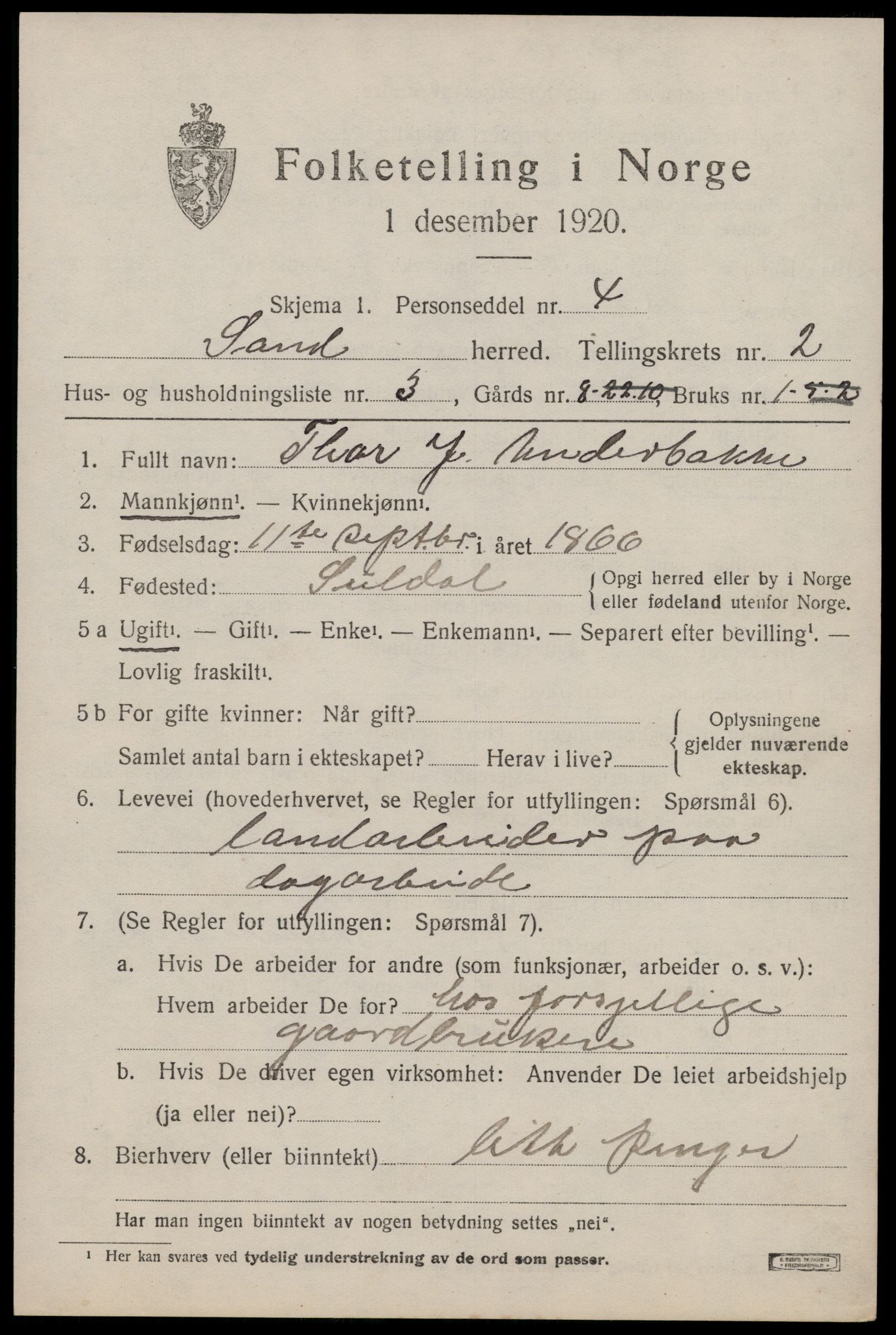 SAST, 1920 census for Sand, 1920, p. 809