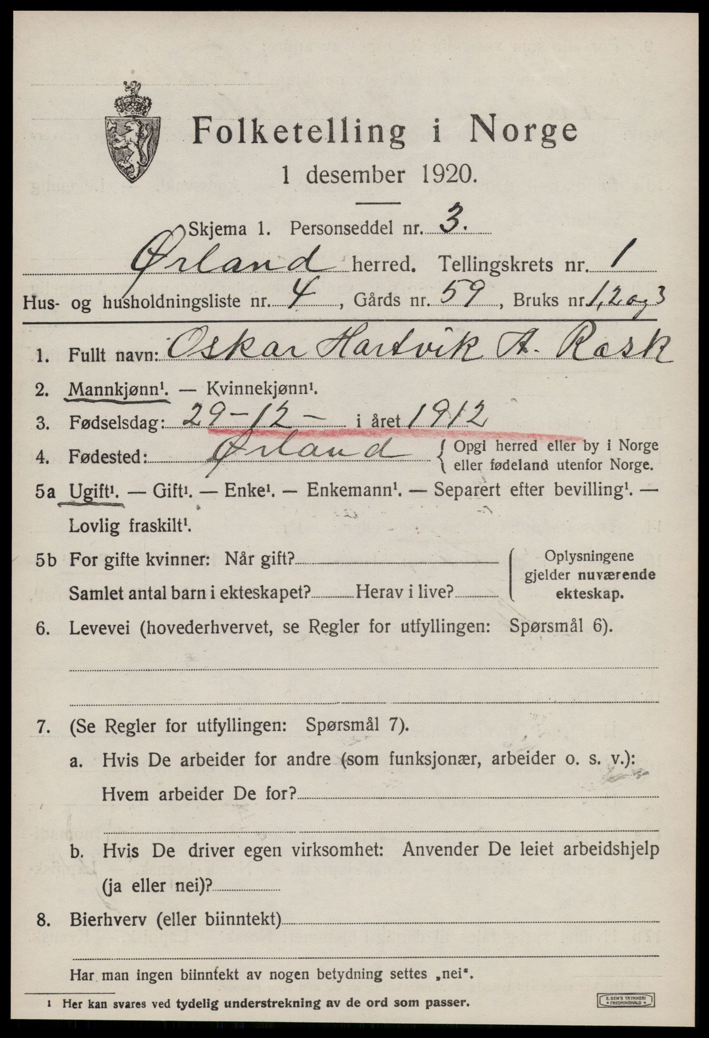 SAT, 1920 census for Ørland, 1920, p. 1395