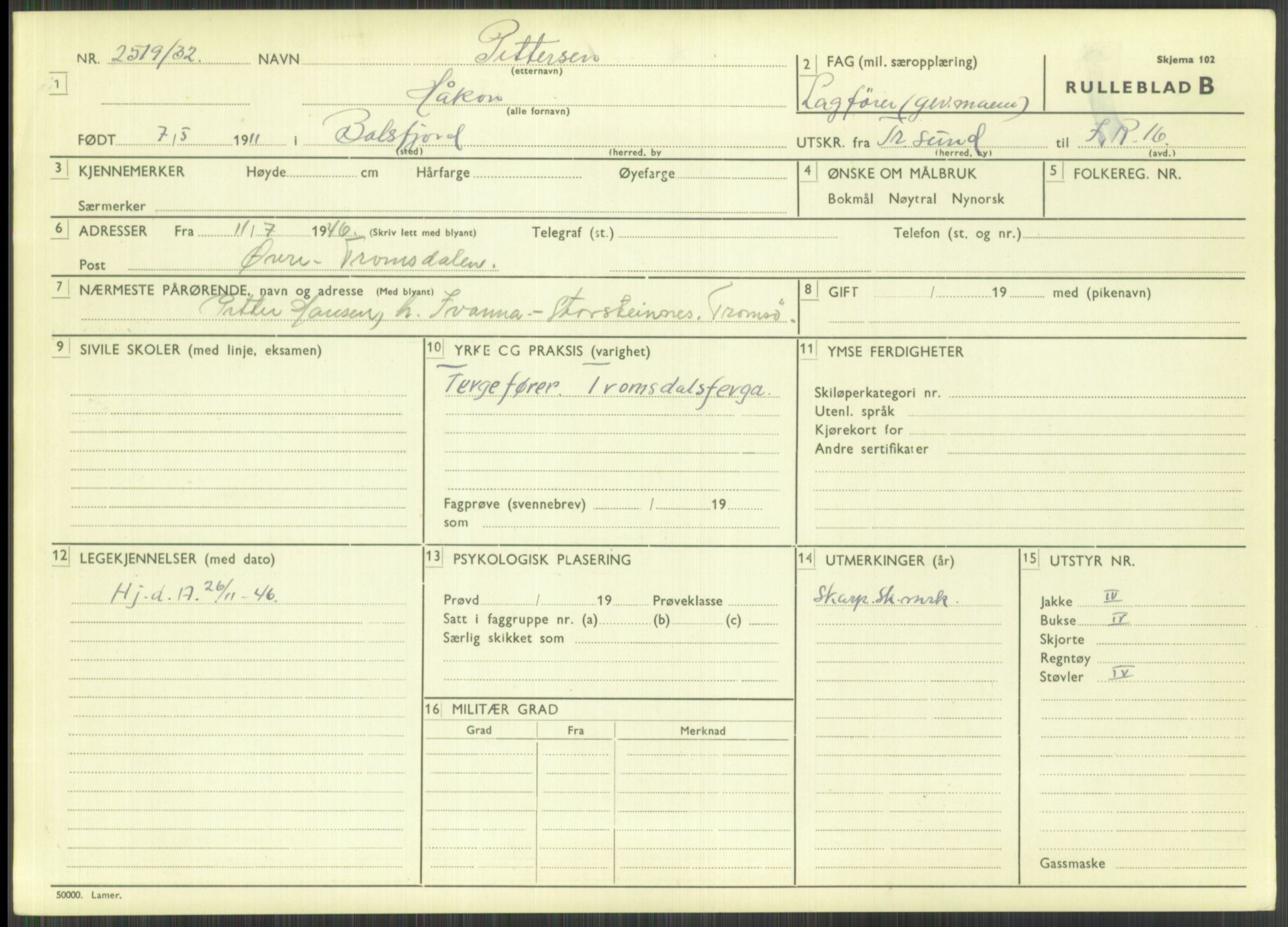 Forsvaret, Troms infanteriregiment nr. 16, AV/RA-RAFA-3146/P/Pa/L0016: Rulleblad for regimentets menige mannskaper, årsklasse 1932, 1932, p. 1333