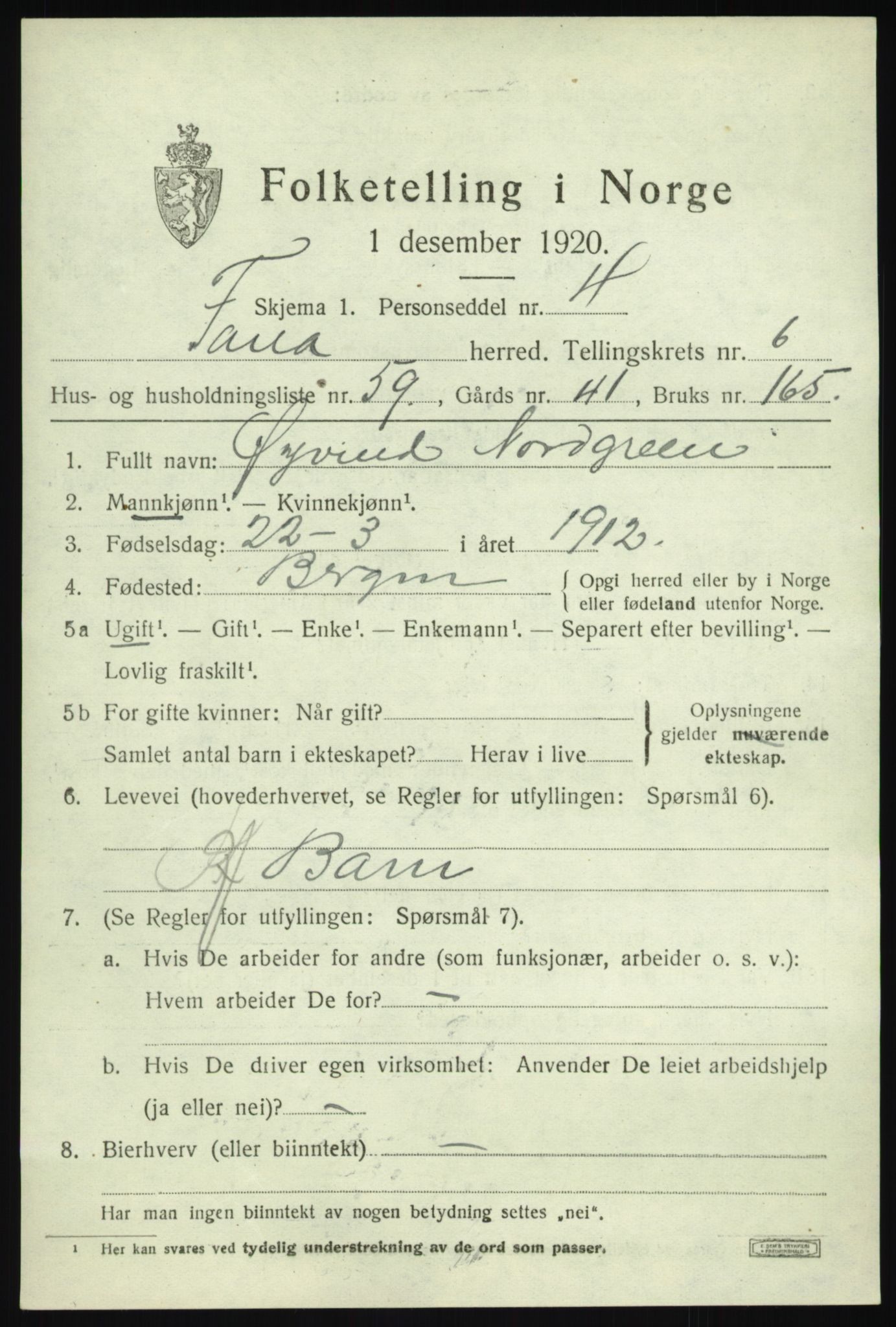 SAB, 1920 census for Fana, 1920, p. 11501