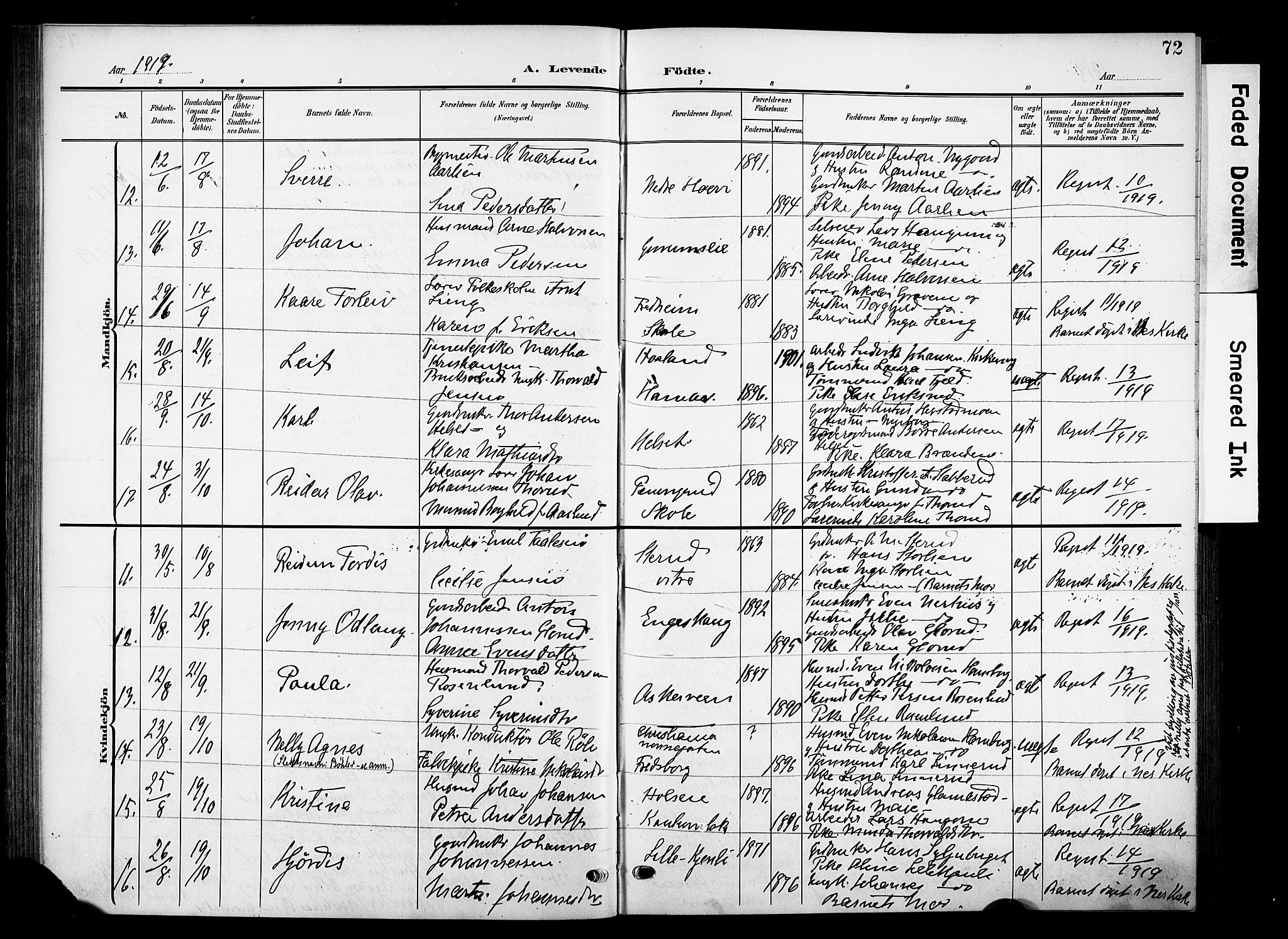 Nes prestekontor, Hedmark, AV/SAH-PREST-020/K/Ka/L0013: Parish register (official) no. 13, 1906-1924, p. 72