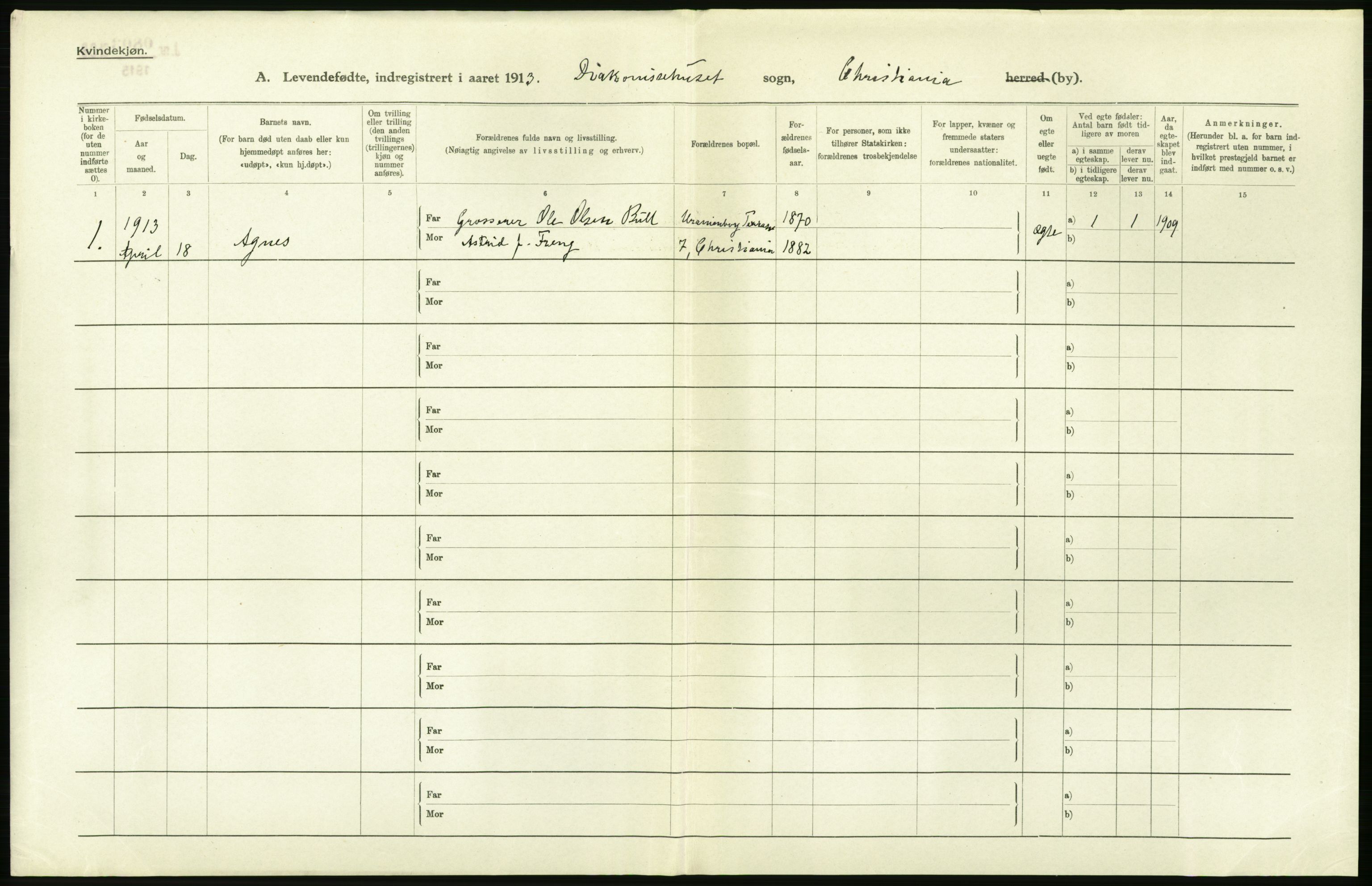 Statistisk sentralbyrå, Sosiodemografiske emner, Befolkning, RA/S-2228/D/Df/Dfb/Dfbc/L0007: Kristiania: Levendefødte menn og kvinner., 1913, p. 758