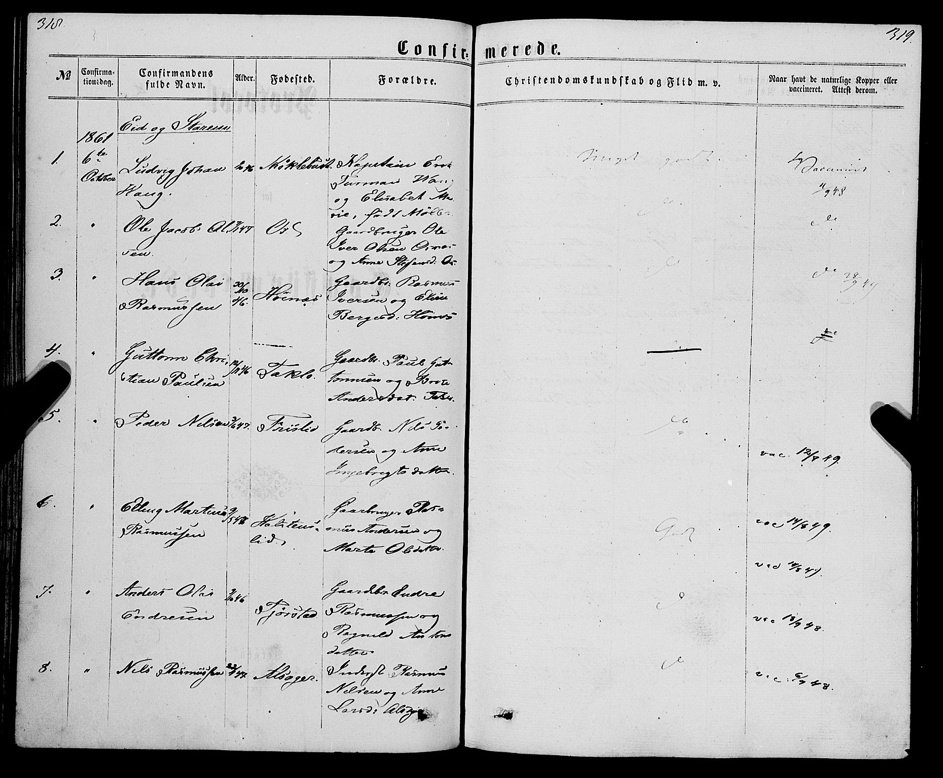 Eid sokneprestembete, SAB/A-82301/H/Haa/Haaa/L0009: Parish register (official) no. A 9, 1861-1868, p. 318-319