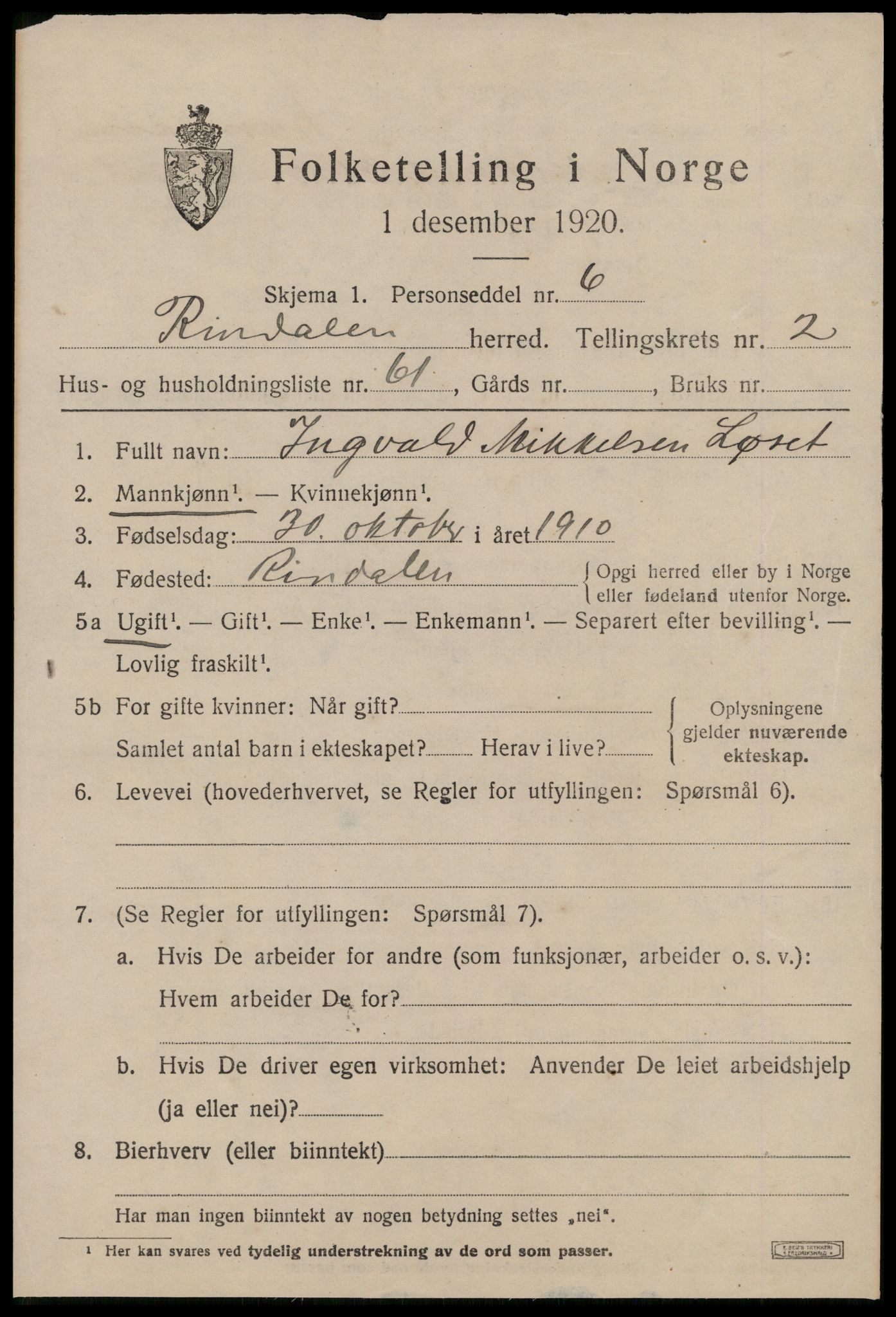 SAT, 1920 census for Rindal, 1920, p. 1602