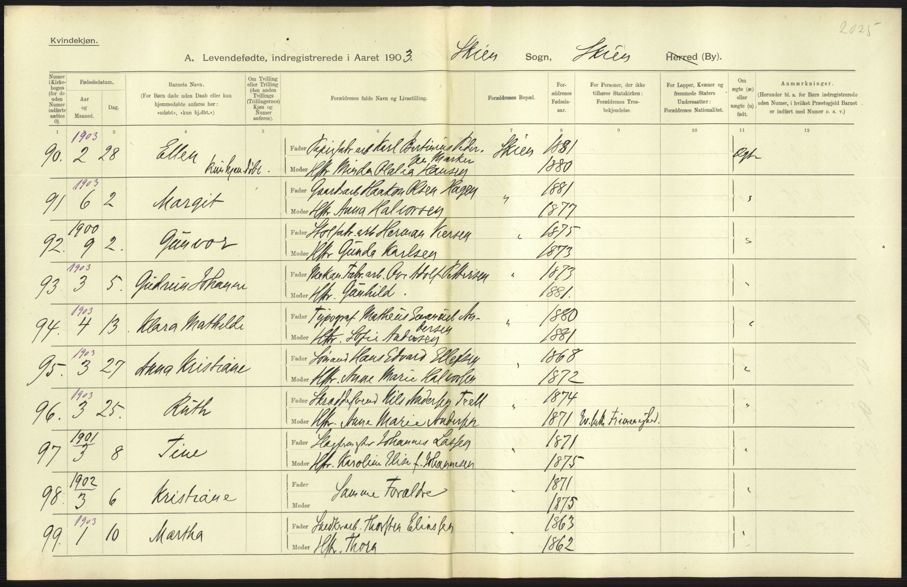 Statistisk sentralbyrå, Sosiodemografiske emner, Befolkning, AV/RA-S-2228/D/Df/Dfa/Dfaa/L0009: Bratsberg amt: Fødte, gifte, døde, 1903, p. 293