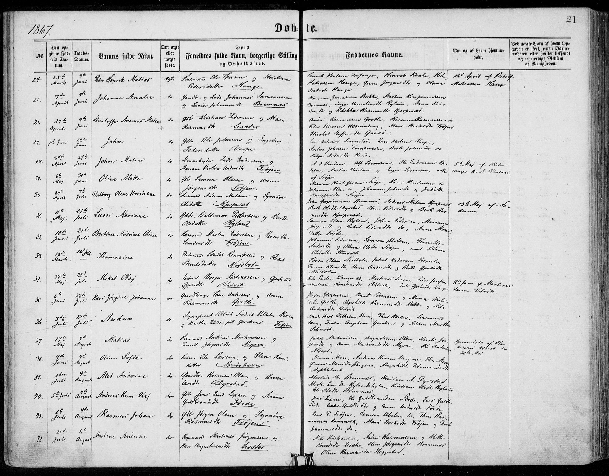 Bremanger sokneprestembete, SAB/A-82201/H/Haa/Haaa/L0001: Parish register (official) no. A  1, 1864-1883, p. 21