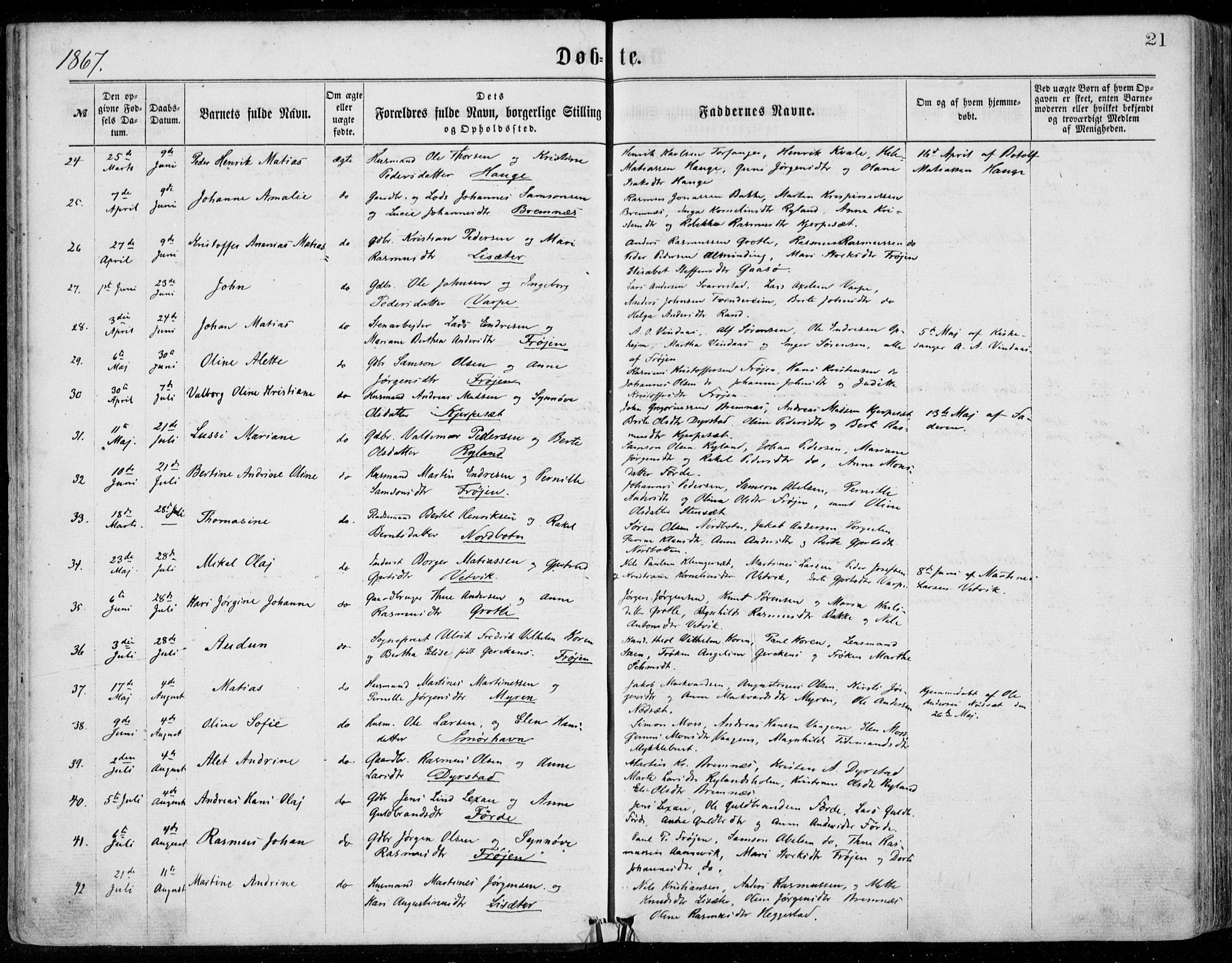 Bremanger sokneprestembete, AV/SAB-A-82201/H/Haa/Haaa/L0001: Parish register (official) no. A  1, 1864-1883, p. 21