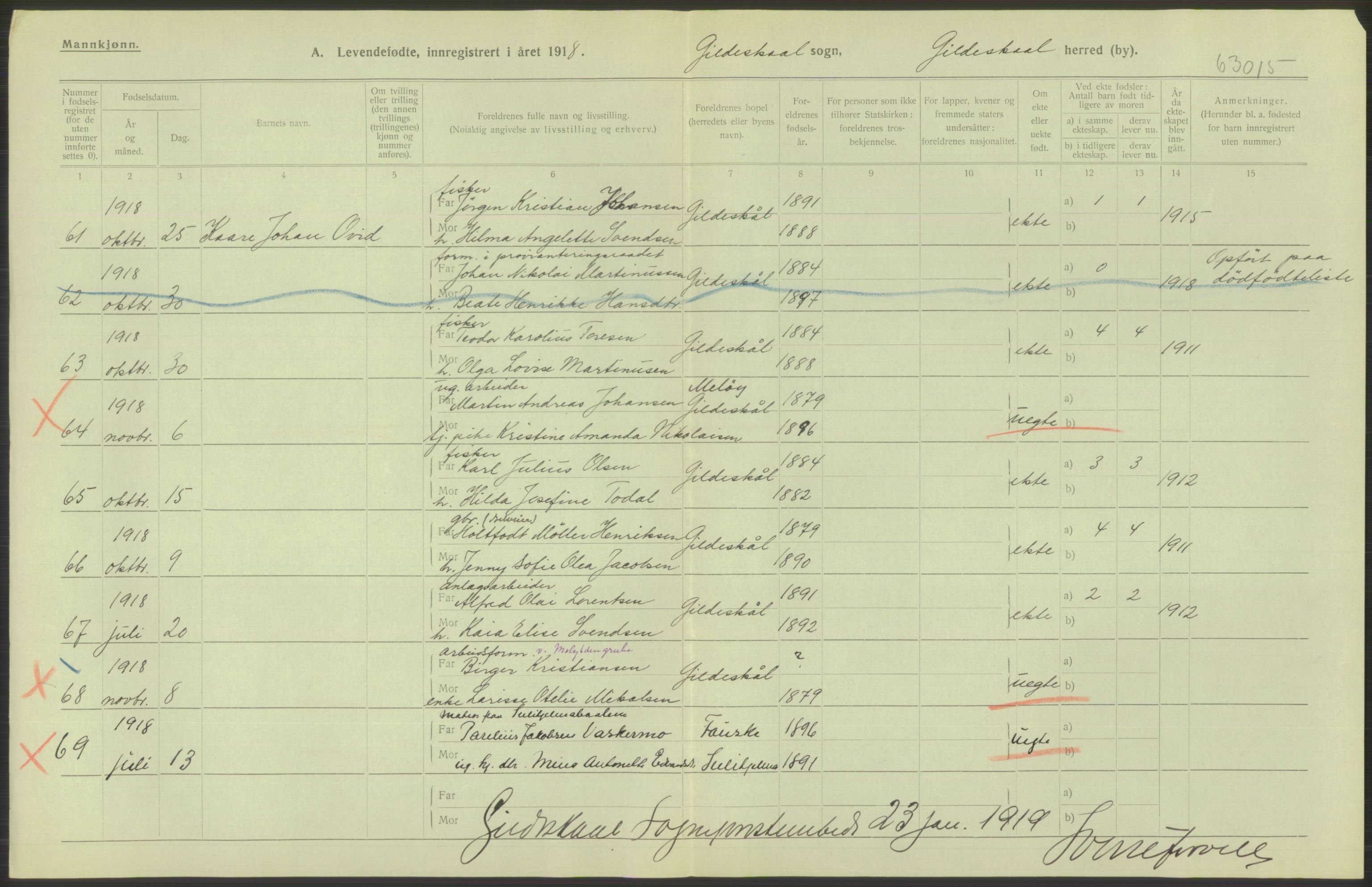 Statistisk sentralbyrå, Sosiodemografiske emner, Befolkning, AV/RA-S-2228/D/Df/Dfb/Dfbh/L0052: Nordland fylke: Levendefødte menn og kvinner. Bygder., 1918, p. 558