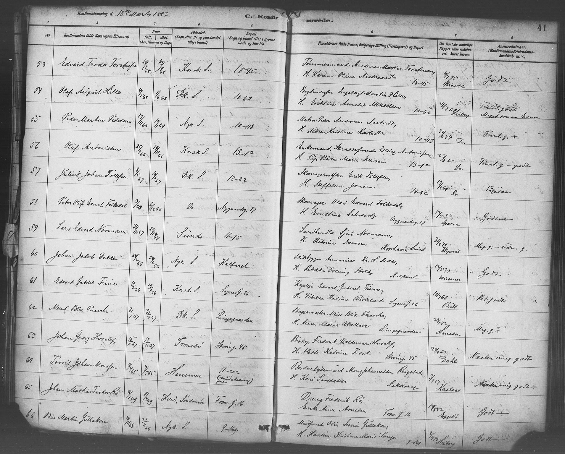 Domkirken sokneprestembete, SAB/A-74801/H/Haa/L0030: Parish register (official) no. C 5, 1880-1898, p. 41