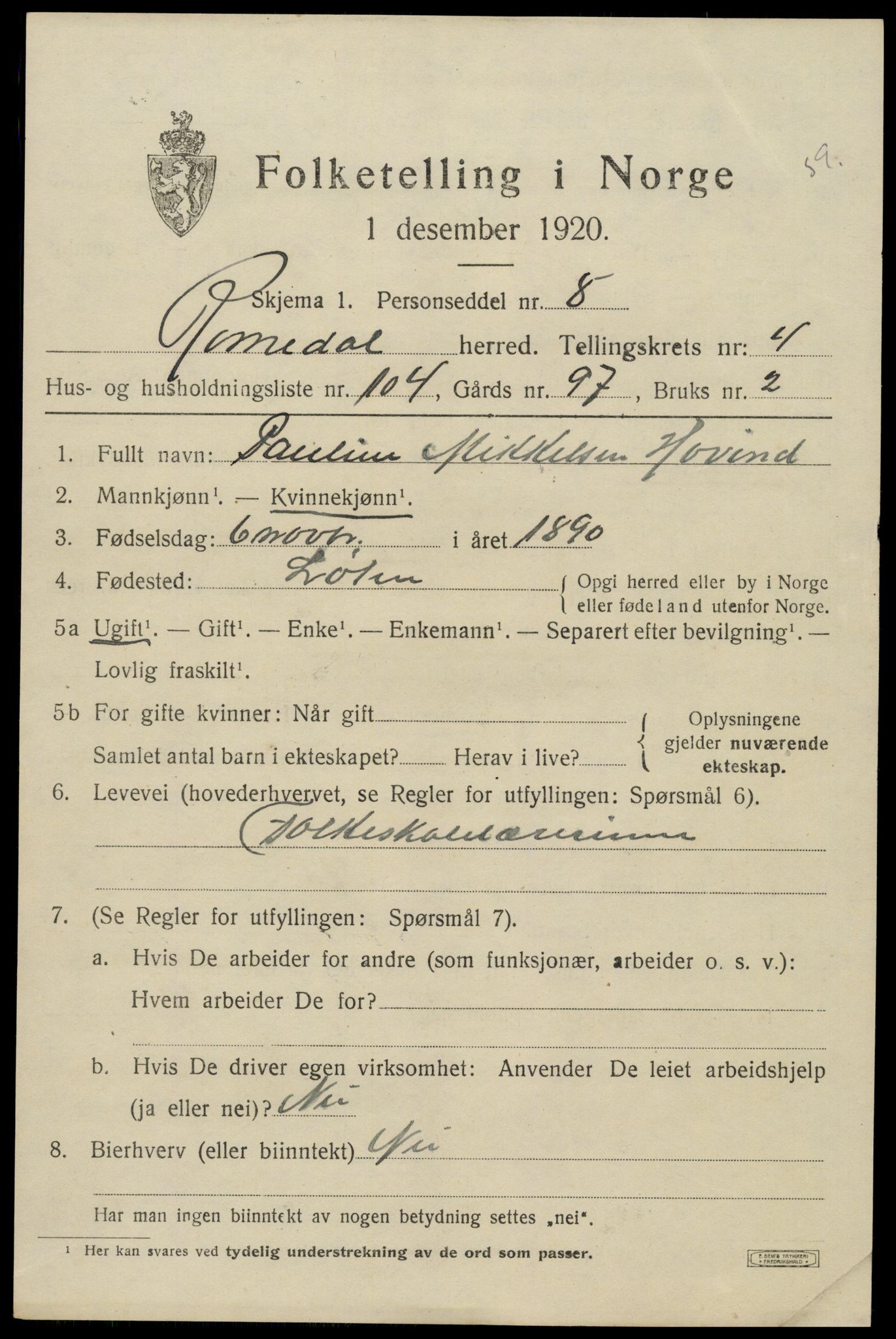 SAH, 1920 census for Romedal, 1920, p. 6941