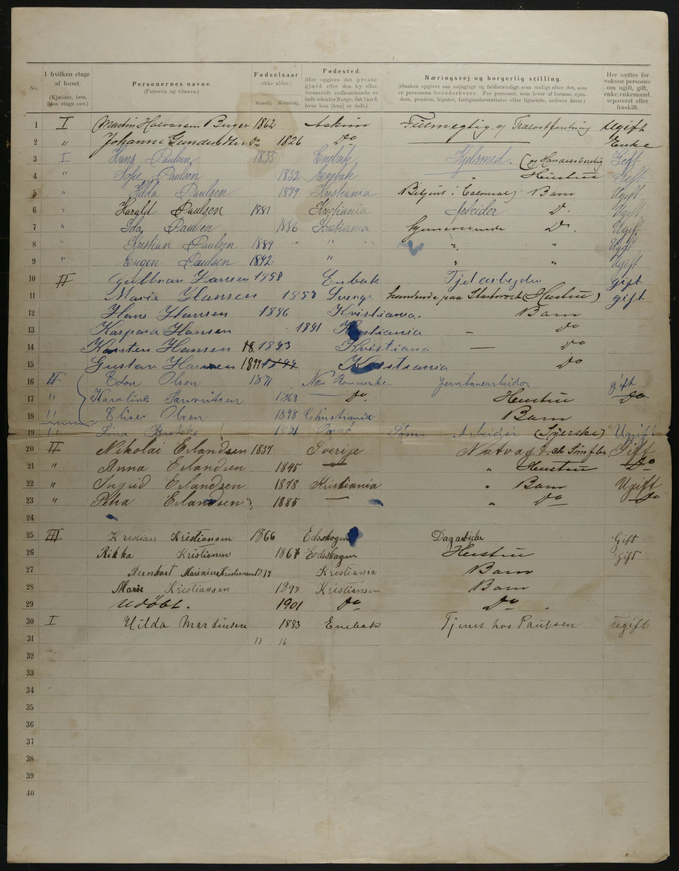 OBA, Municipal Census 1901 for Kristiania, 1901, p. 16309