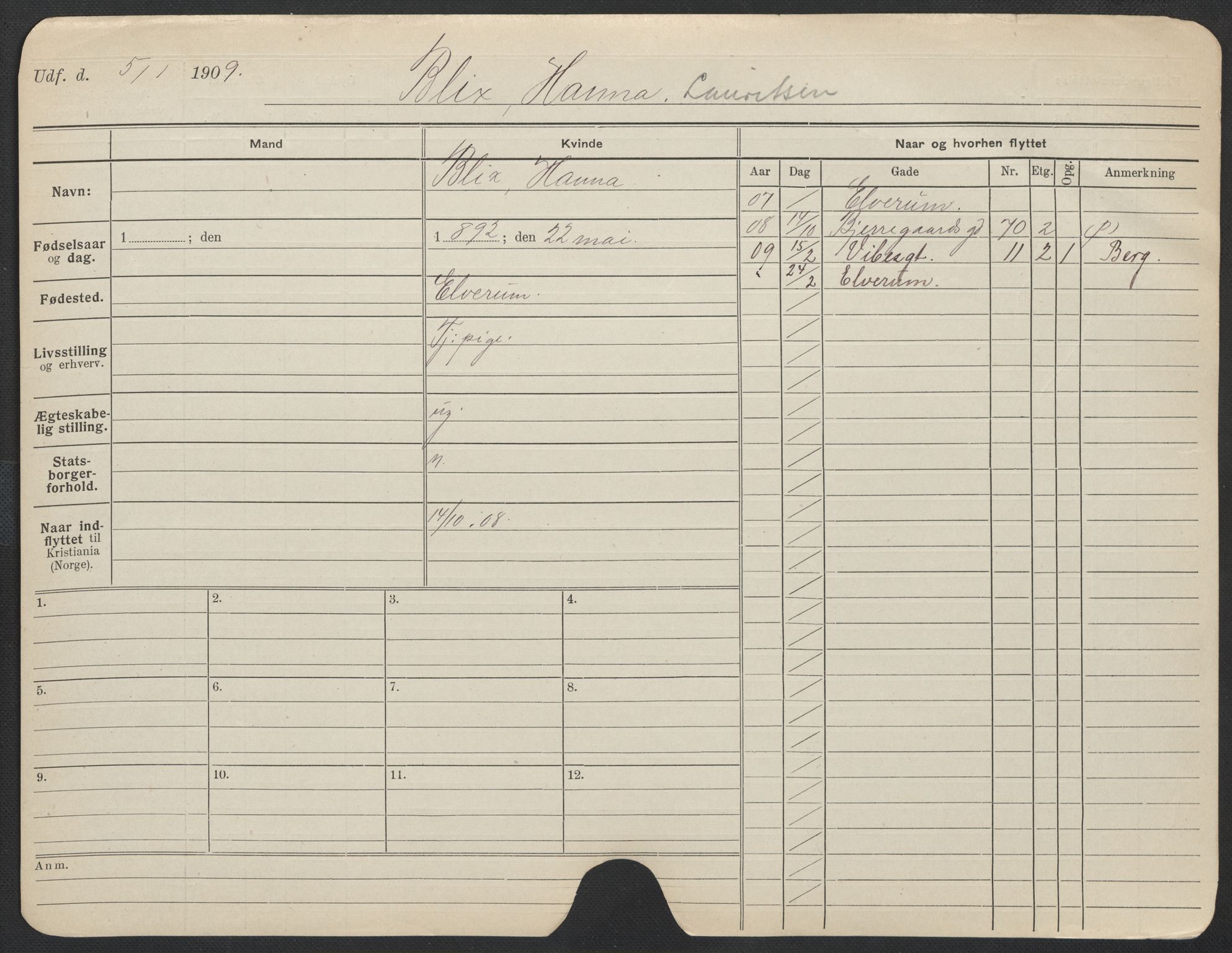 Oslo folkeregister, Registerkort, AV/SAO-A-11715/F/Fa/Fac/L0013: Kvinner, 1906-1914, p. 525a