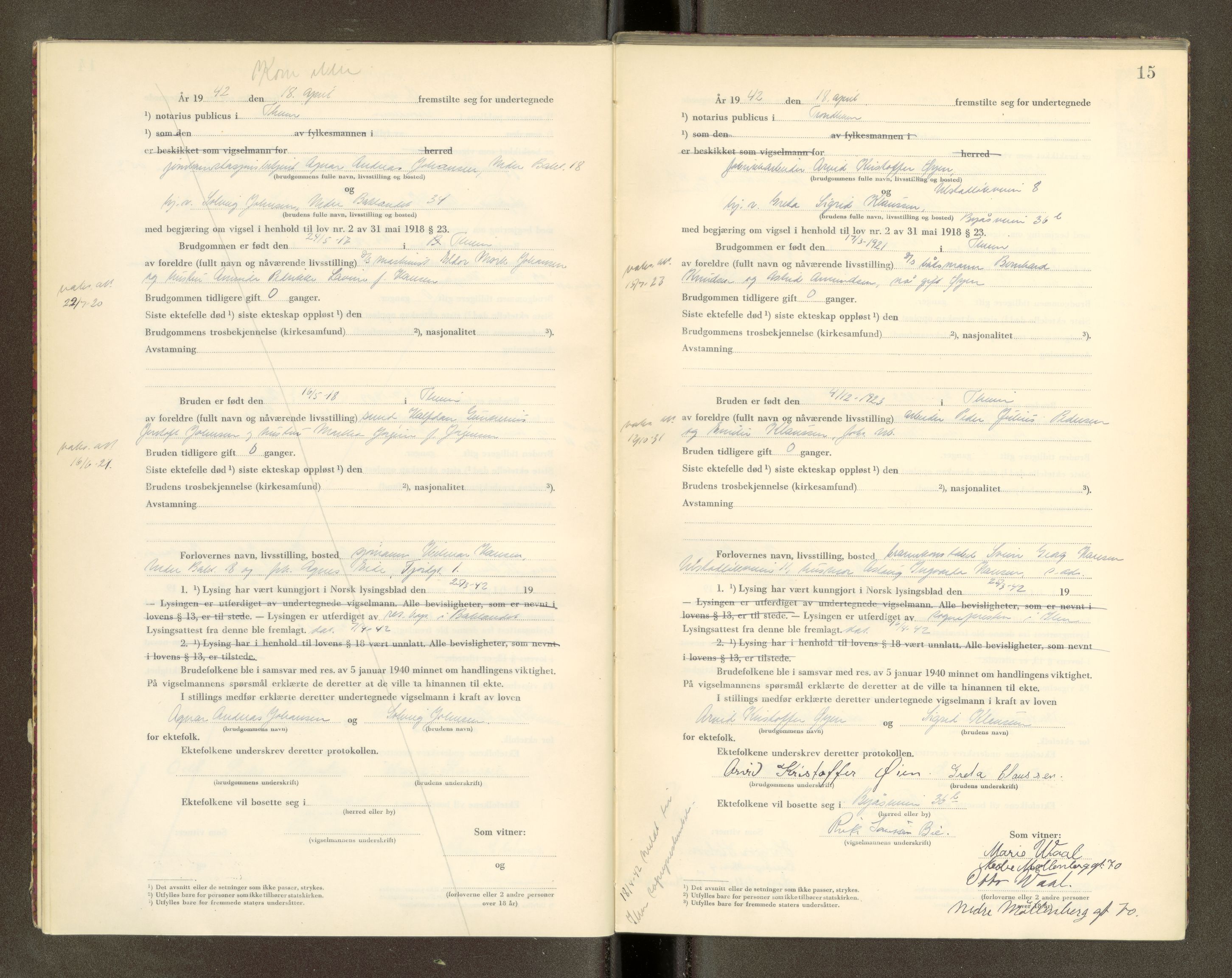 Trondheim byfogd, AV/SAT-A-0003/1/6/6D/L0002: Vigselbøker, 1937-1942, p. 15