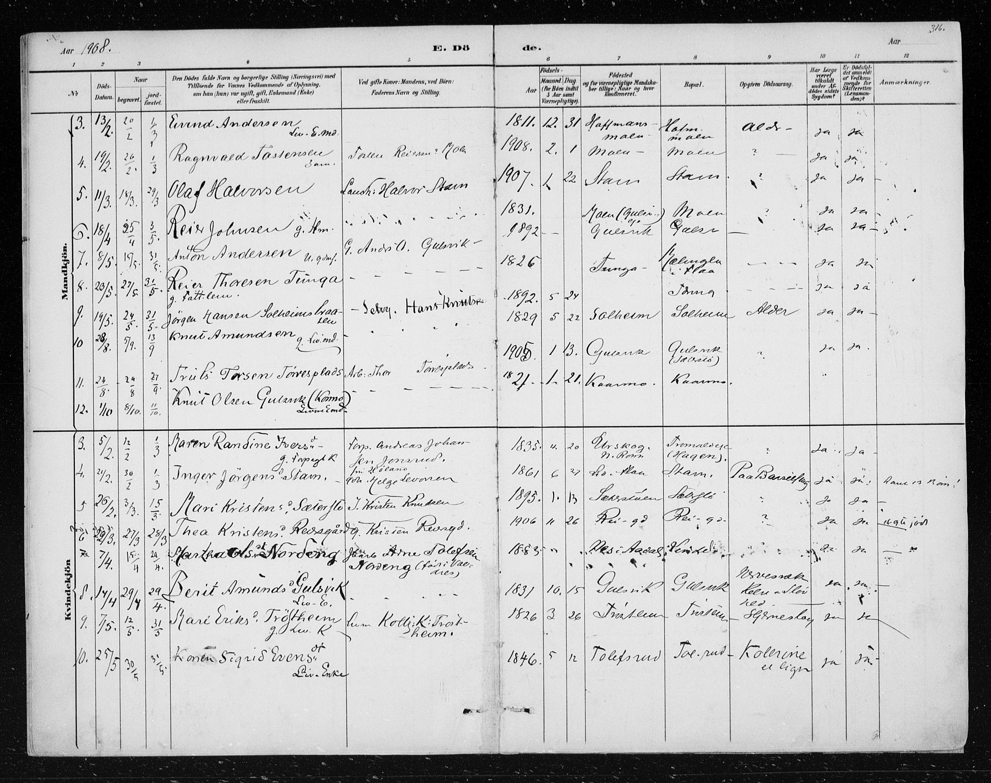 Nes kirkebøker, SAKO/A-236/F/Fa/L0012: Parish register (official) no. 12, 1881-1917, p. 316