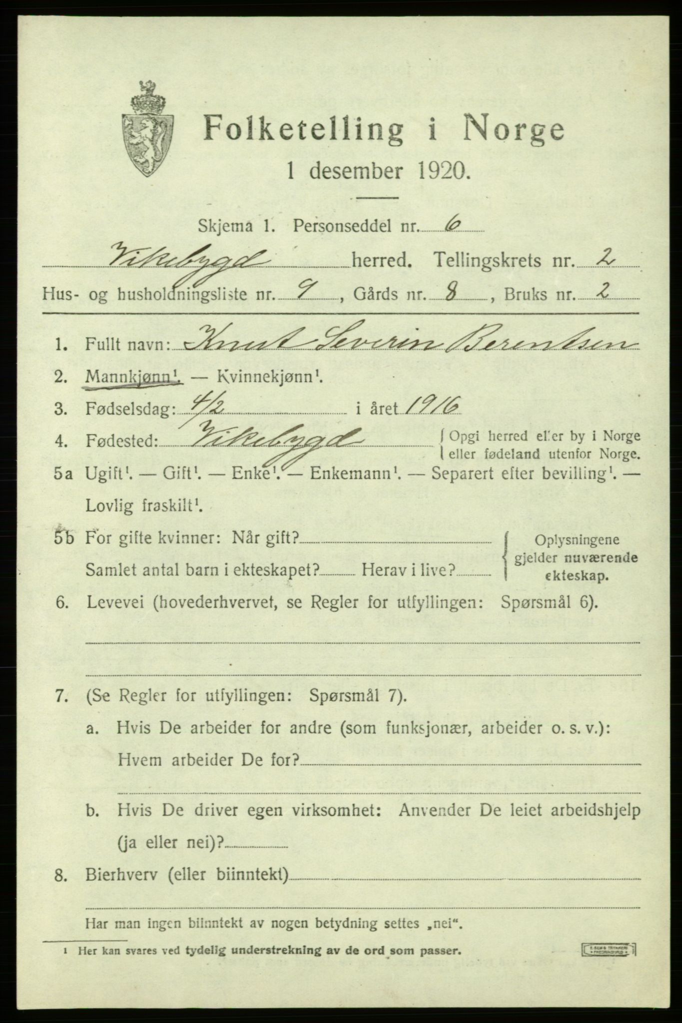 SAB, 1920 census for Vikebygd, 1920, p. 939