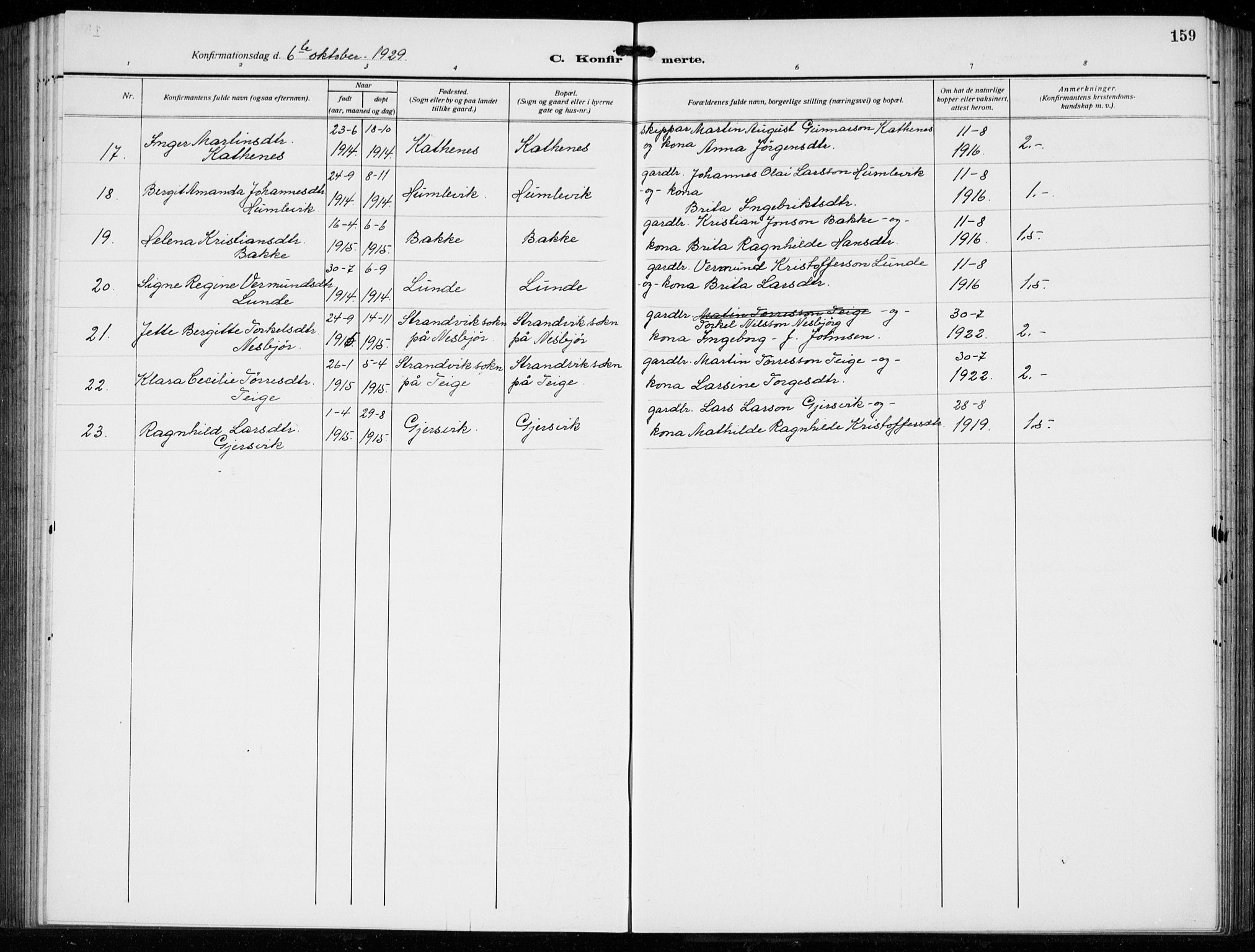 Tysnes sokneprestembete, SAB/A-78601/H/Hab: Parish register (copy) no. B  3, 1918-1935, p. 159