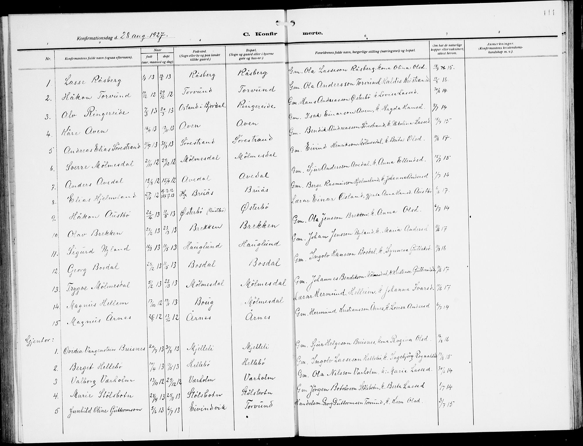 Lavik sokneprestembete, SAB/A-80901: Parish register (copy) no. A 3, 1911-1942, p. 111