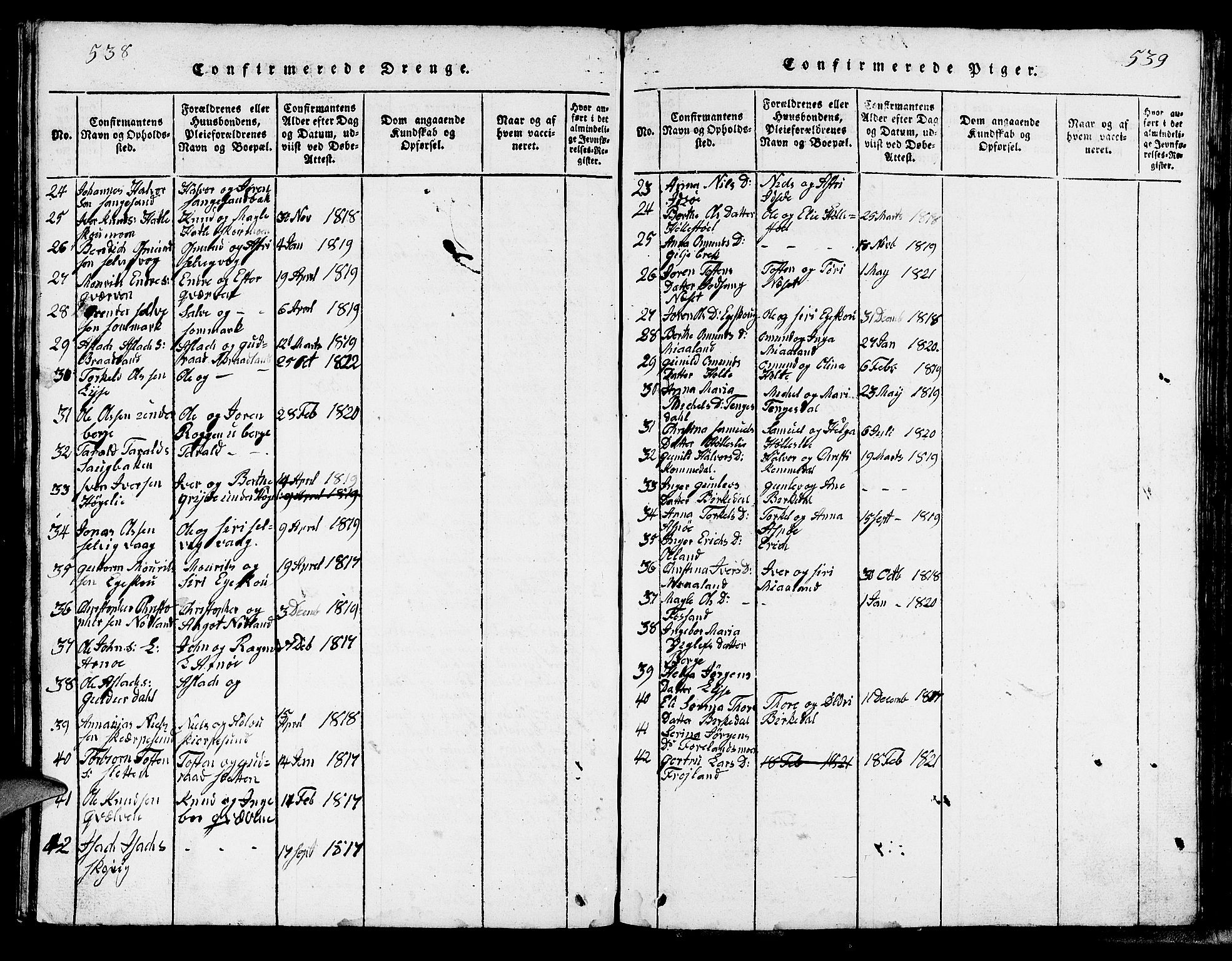 Strand sokneprestkontor, SAST/A-101828/H/Ha/Hab/L0002: Parish register (copy) no. B 2, 1816-1854, p. 538-539
