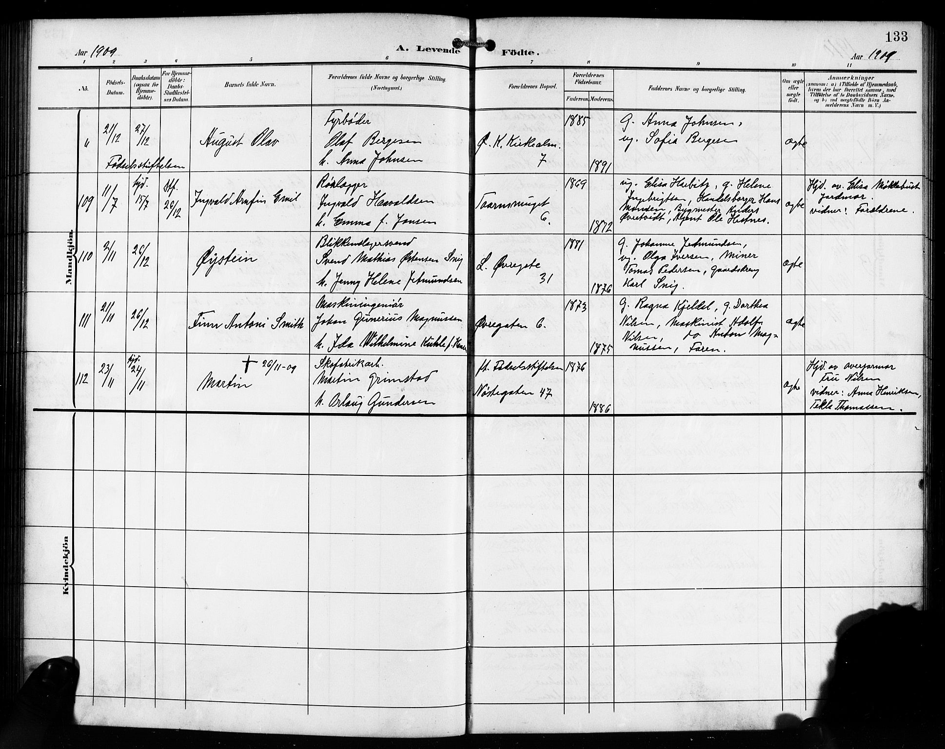 Korskirken sokneprestembete, SAB/A-76101/H/Hab: Parish register (copy) no. B 11, 1905-1916, p. 133