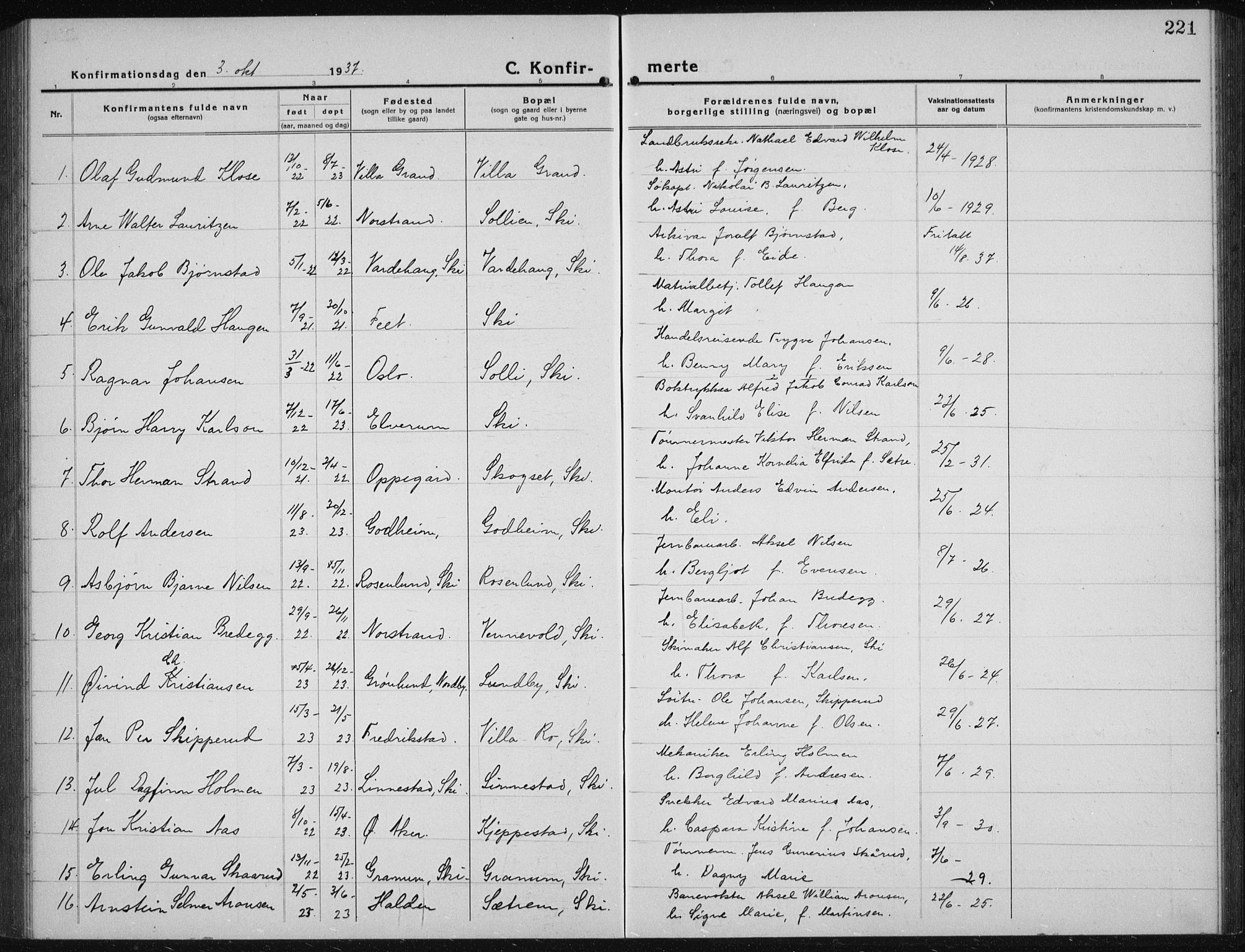Kråkstad prestekontor Kirkebøker, SAO/A-10125a/G/Gb/L0002: Parish register (copy) no. II 2, 1921-1941, p. 221