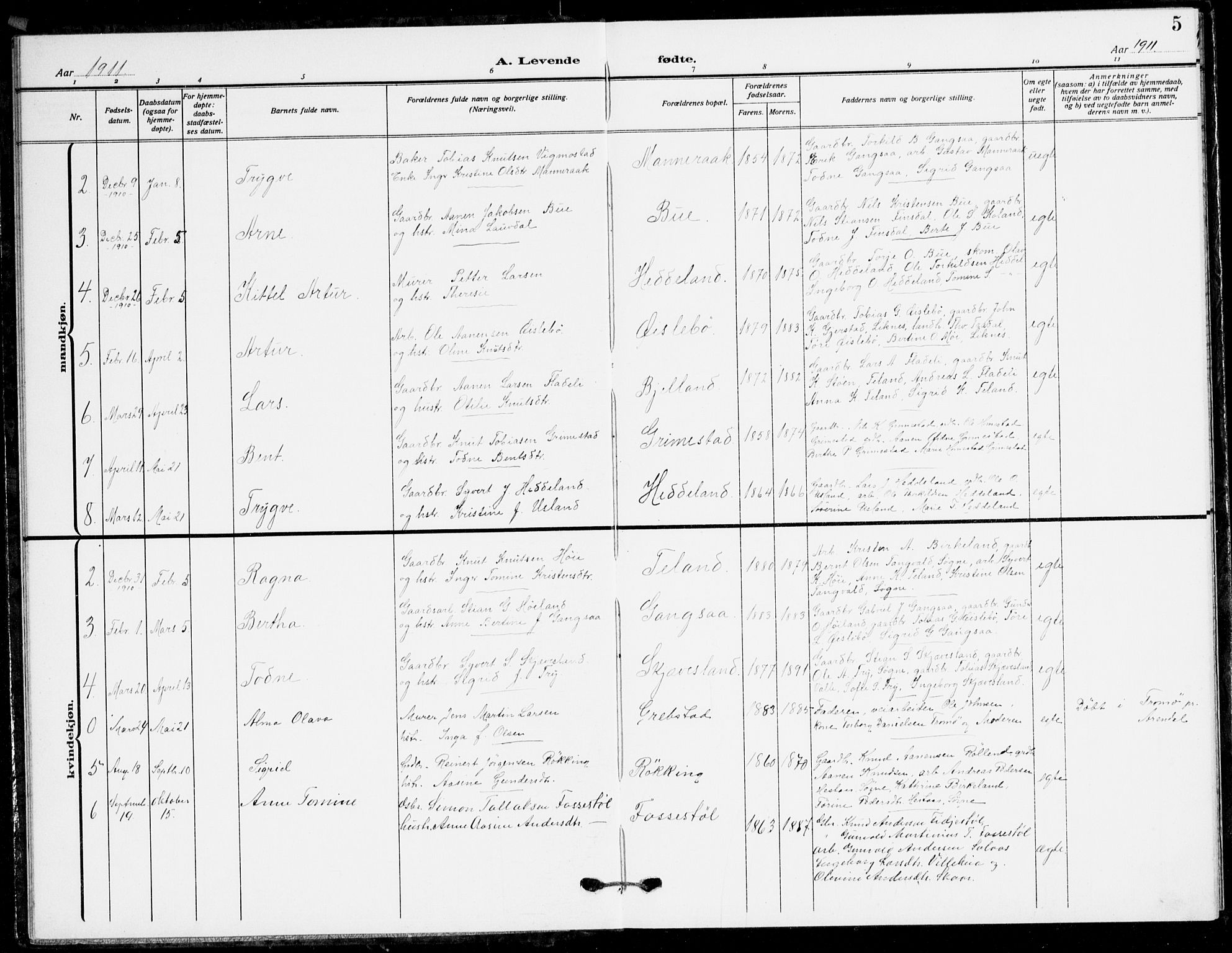 Holum sokneprestkontor, AV/SAK-1111-0022/F/Fb/Fbc/L0004: Parish register (copy) no. B 4, 1908-1930, p. 5