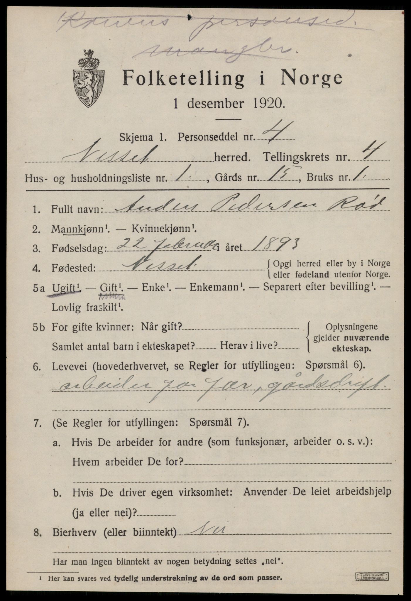 SAT, 1920 census for Nesset, 1920, p. 1488