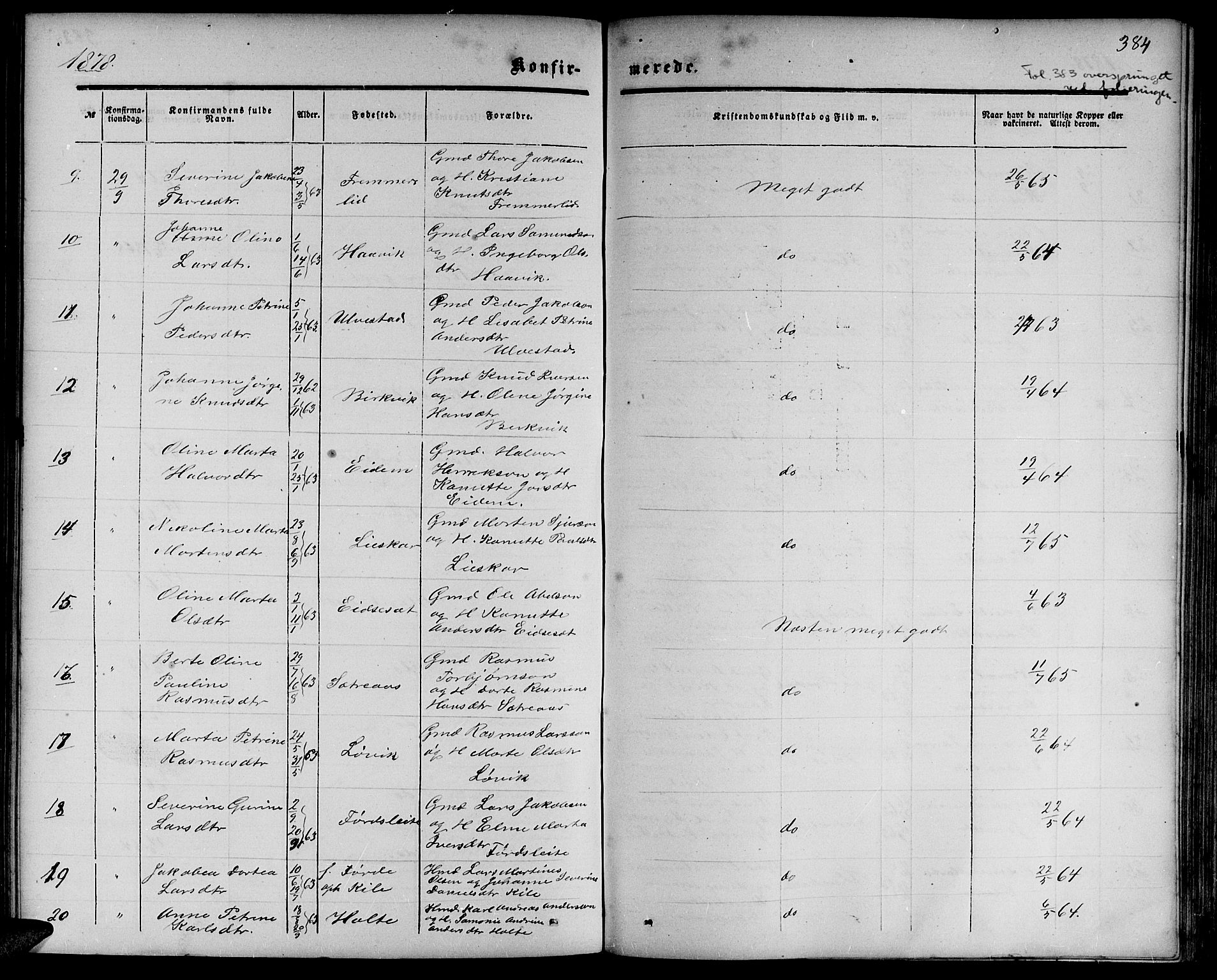 Ministerialprotokoller, klokkerbøker og fødselsregistre - Møre og Romsdal, SAT/A-1454/511/L0157: Parish register (copy) no. 511C03, 1864-1884, p. 384