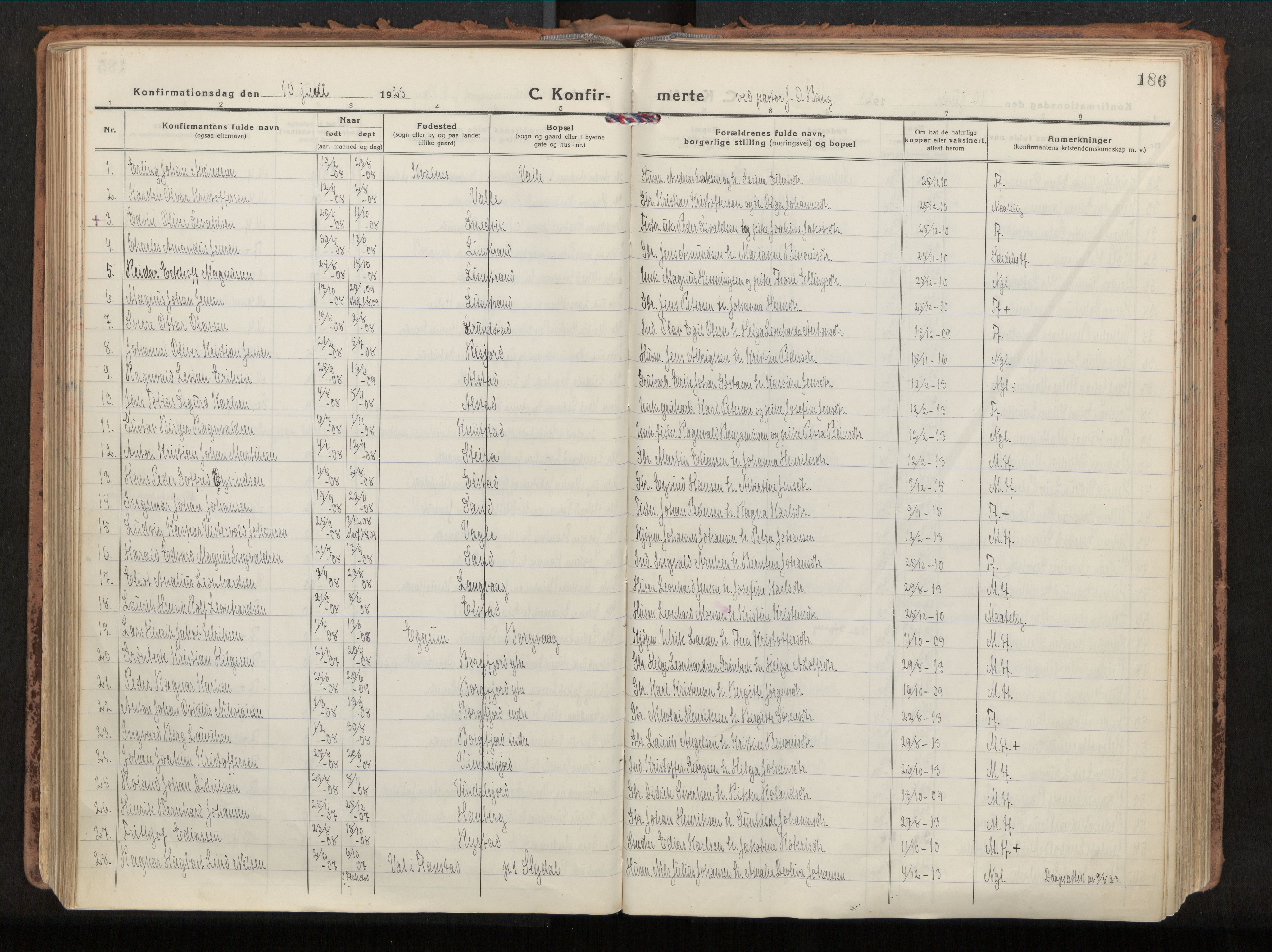 Ministerialprotokoller, klokkerbøker og fødselsregistre - Nordland, SAT/A-1459/880/L1136: Parish register (official) no. 880A10, 1919-1927, p. 186