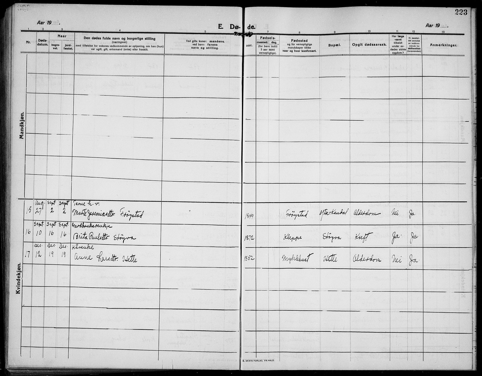 Gloppen sokneprestembete, AV/SAB-A-80101/H/Hab/Habc/L0003: Parish register (copy) no. C 3, 1911-1938, p. 223
